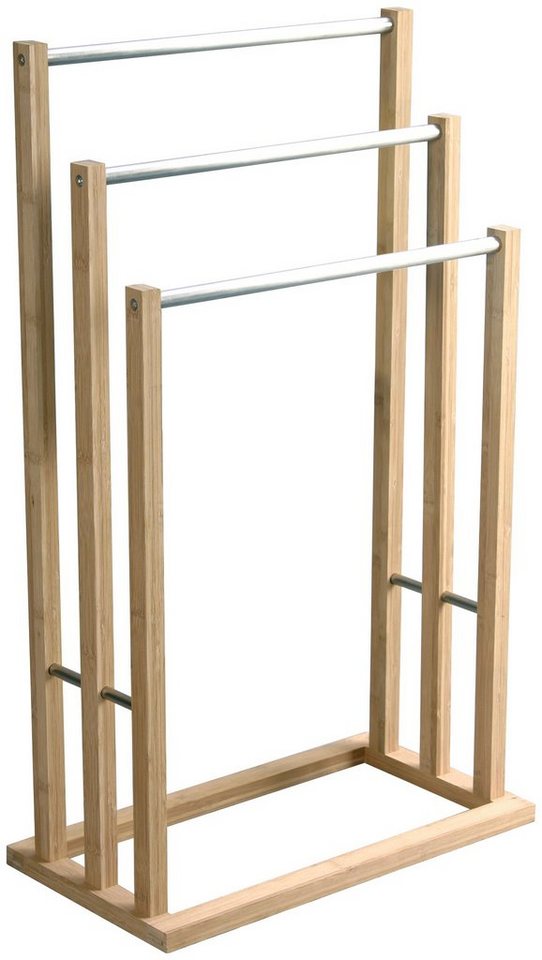 MSV Handtuchständer Edelstahl und Bambus, 3 Stangen, 48 x 26 x 84 cm