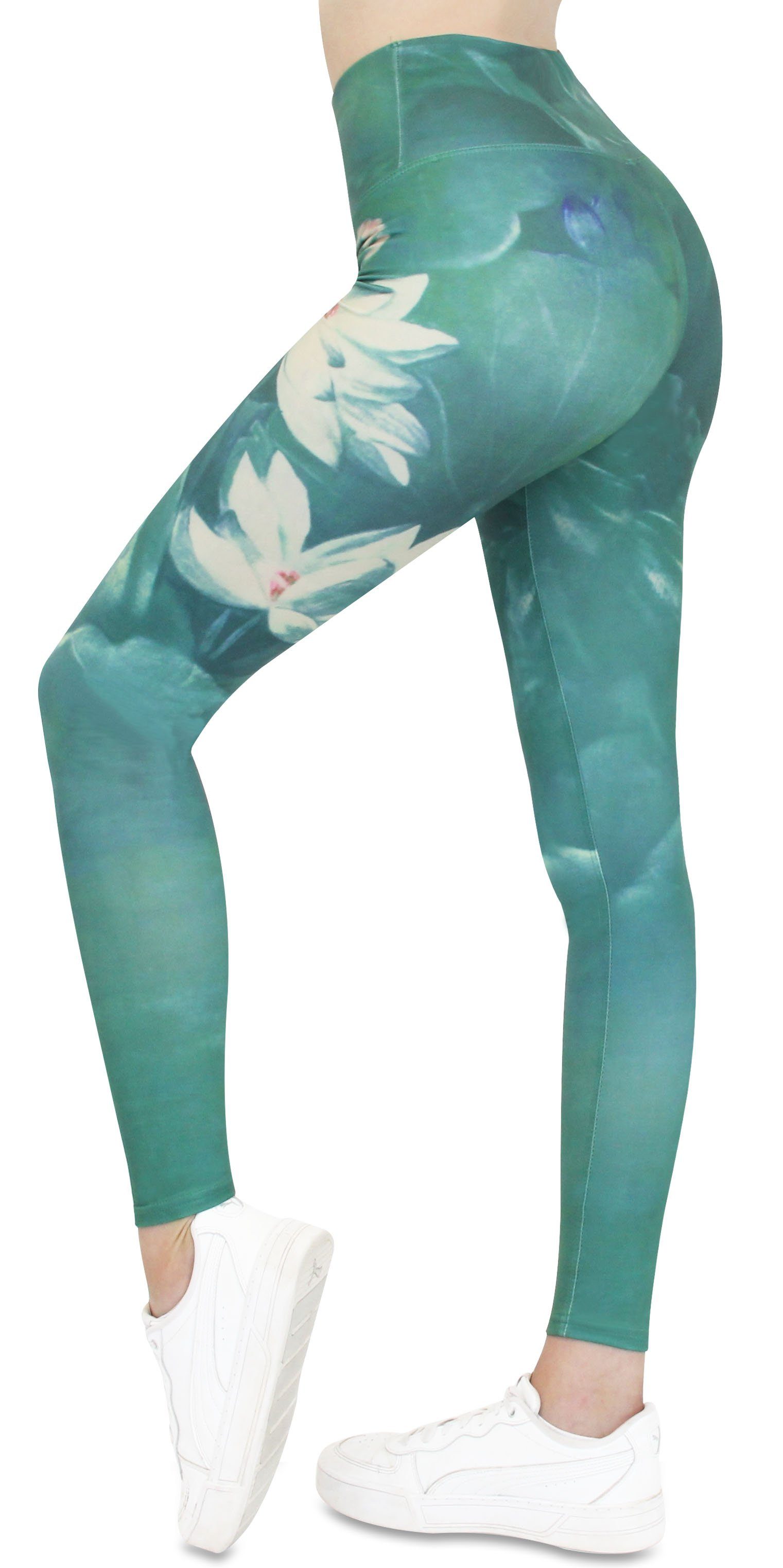Frentree Leggings für Damen, Lange Sport Leggings, High Waist, Yoga Hose in vielen Farben, Laufhose mit hohem Komfort Blumen Grün