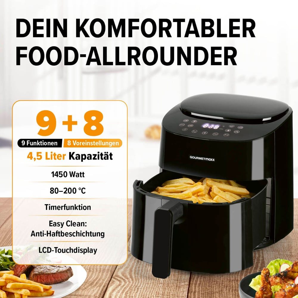 GOURMETmaxx Heißluftfritteuse 4,5L 1400 W, ideal zum Braten, Grillen, Rösten etc., 1450 W, Besonders fettarme und schonende Zubereitung, Timer