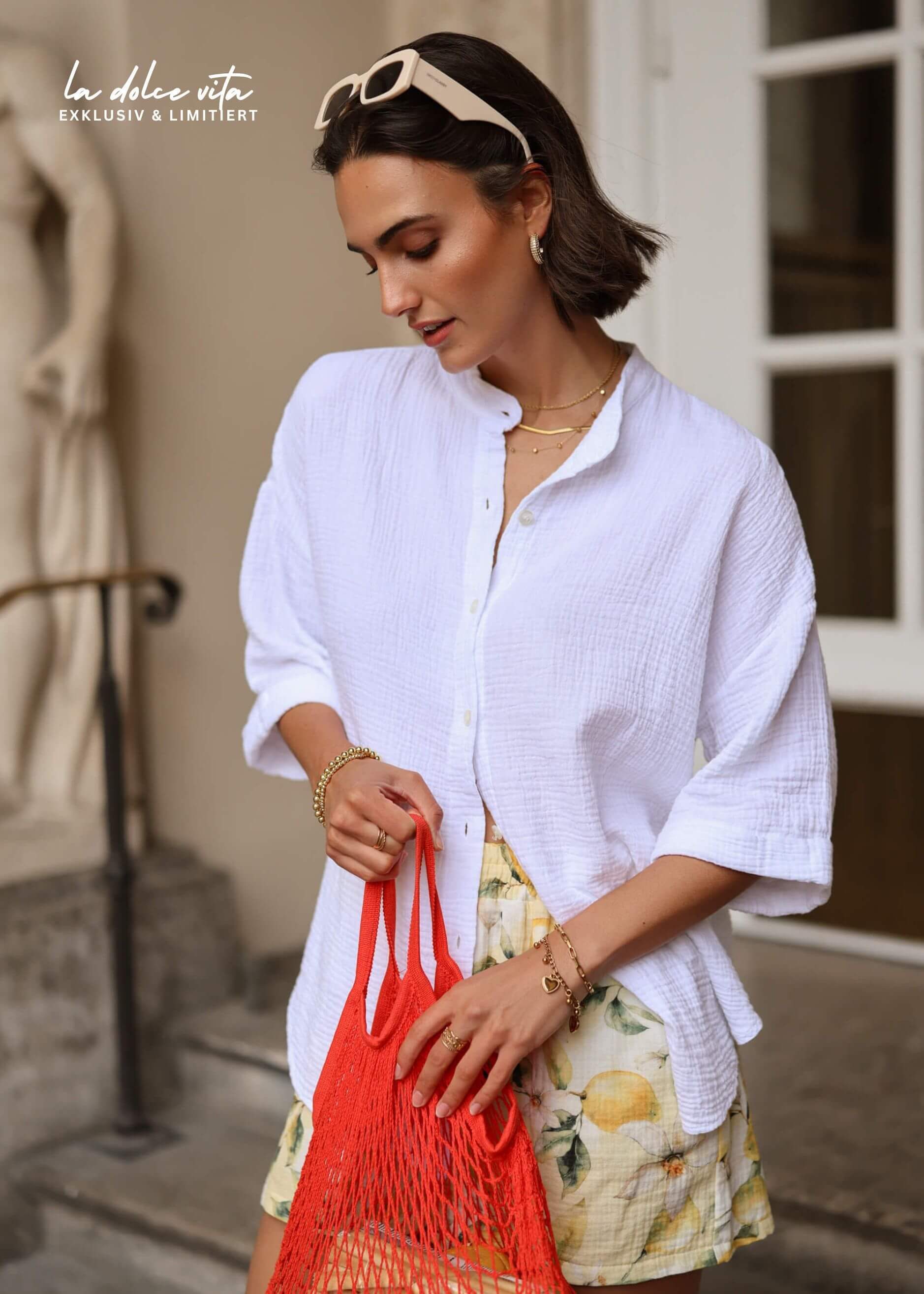 SASSYCLASSY Langarmbluse Musselin Bluse mit halblangen Ärmeln Damen Lässige Baumwollbluse mit Stehkragen und Ärmelumschlag Weiß