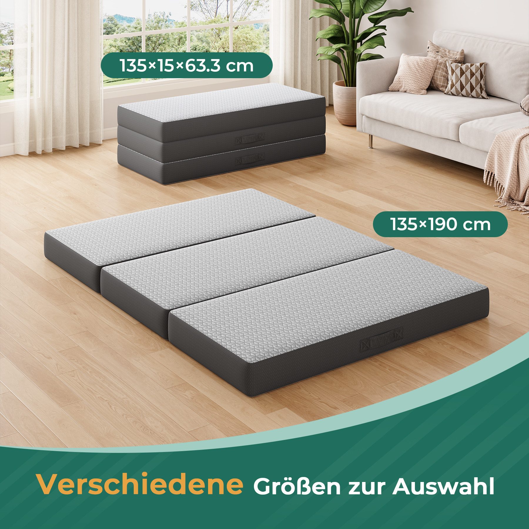 Klappmatratze 3-teilige Faltmatratze Gästematratze in grau Gästebett klappbar, Vesgantti, mit waschbarem Bezug, Camping Matratze, 10CM hoch, 15CM hoch – Bild 2 von 5