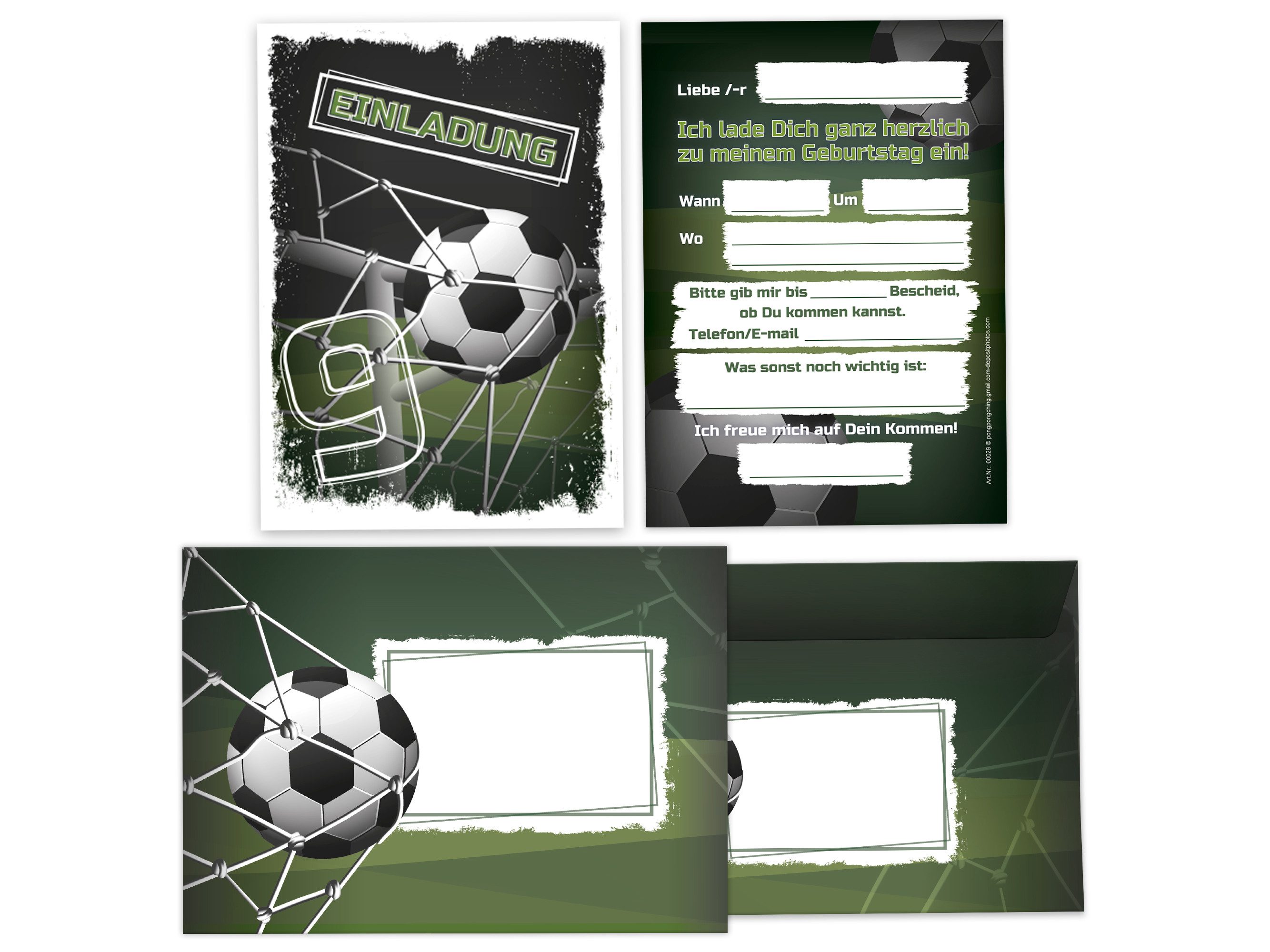 LIMONIA Einladungskarten Fußball zum 9. Geburtstag Einladungen Karten mit Umschlägen Mitgebsel, Mitbringsel Set Fussball Gastgeschenke zum neunten Kindergeburtstag