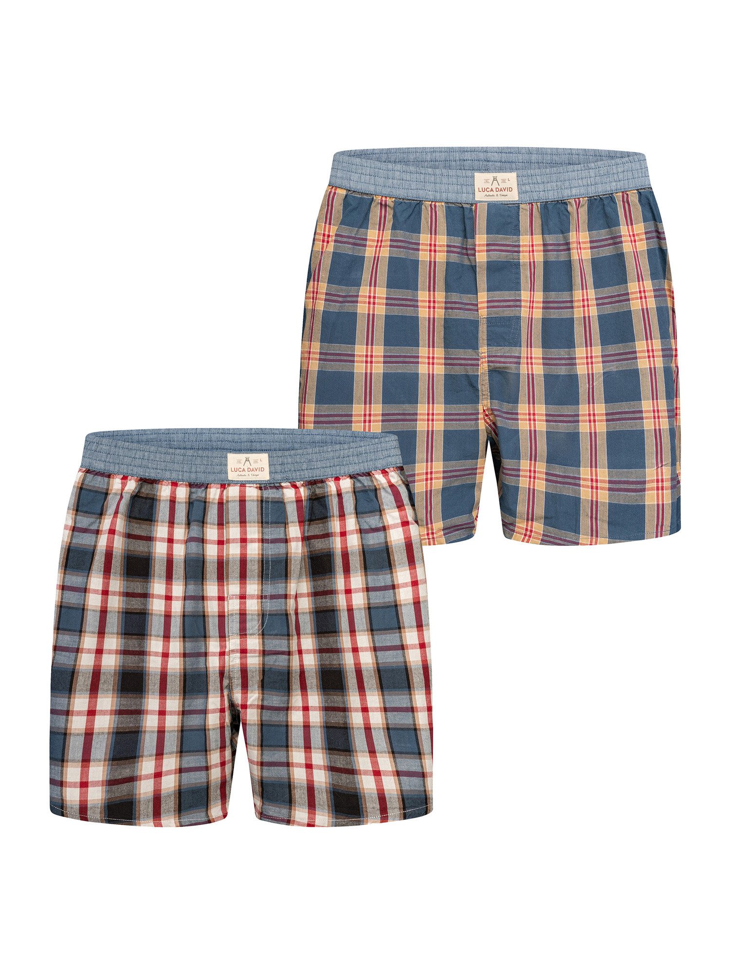 Luca David Boxer Karos - 100% Baumwolle - elastischer Bund - weiter und lockere Schnitt (2-St) Doppelpack 2-Pack Mehrpack Boxershorts Unterhose American Boxer-Shorts