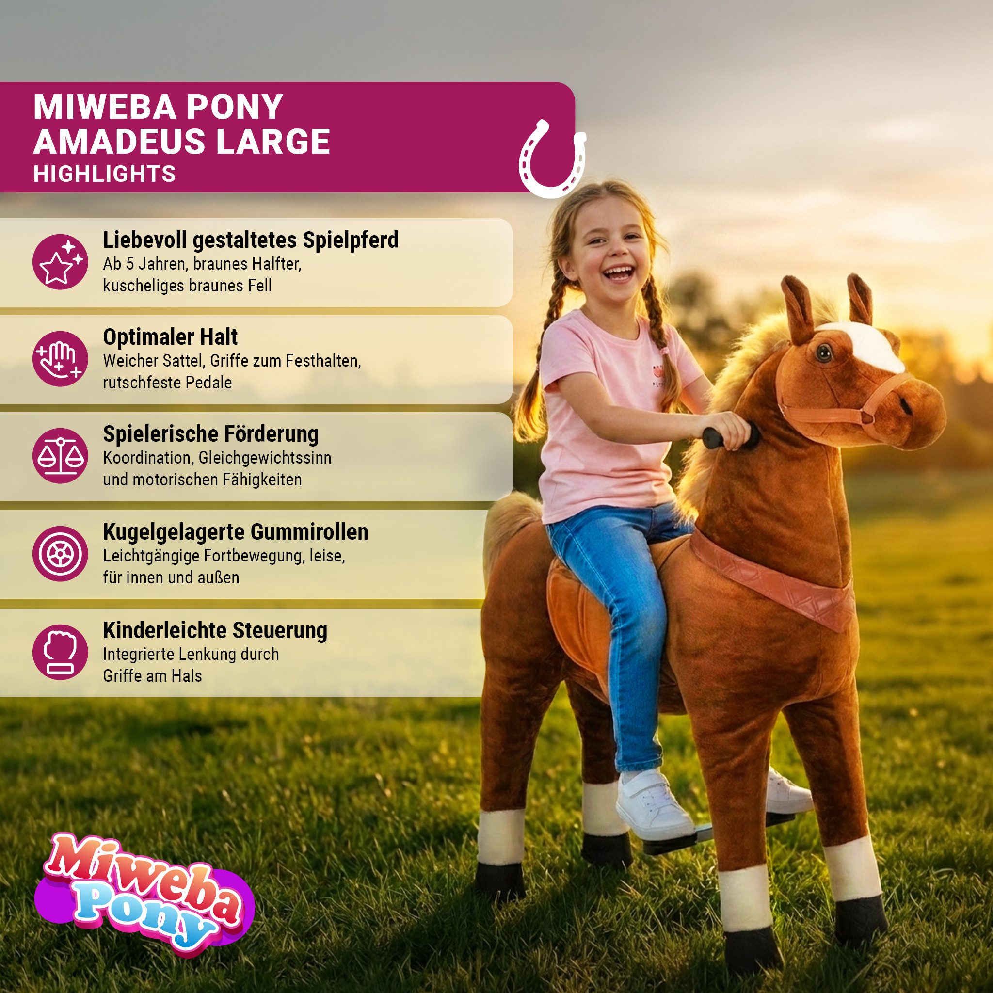 miweba Reitpferd Pony Amadeus Large, Spielpferd, ab 5 Jahren, integrierte Lenkung, Reitpferd, Pony zum reiten, Pferd Spielzeug, Pony, Hüpfpferd