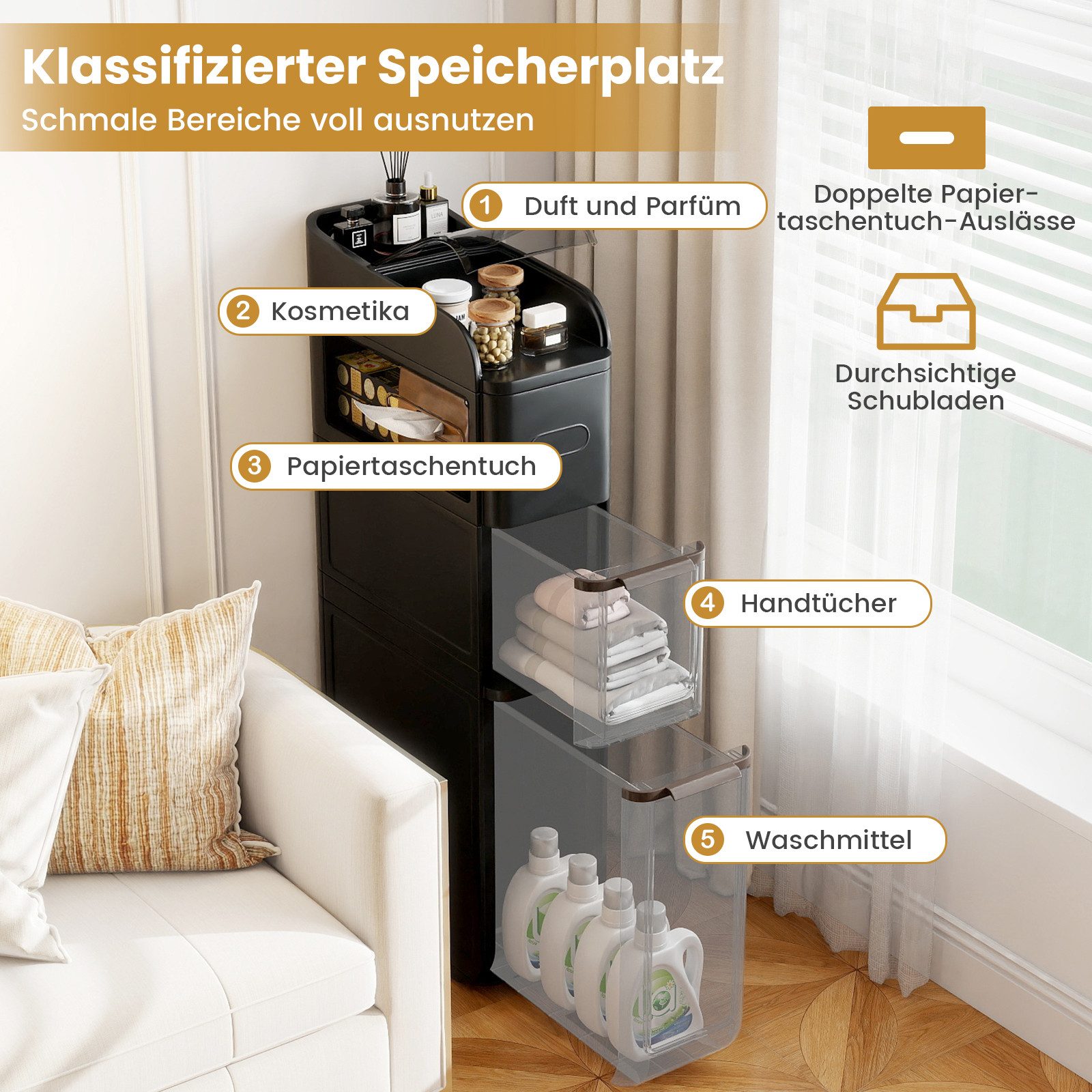 COSTWAY Badkommode, Nischenschrank schmal mit 2 Schubladen, Taschentuchbox, Rollen