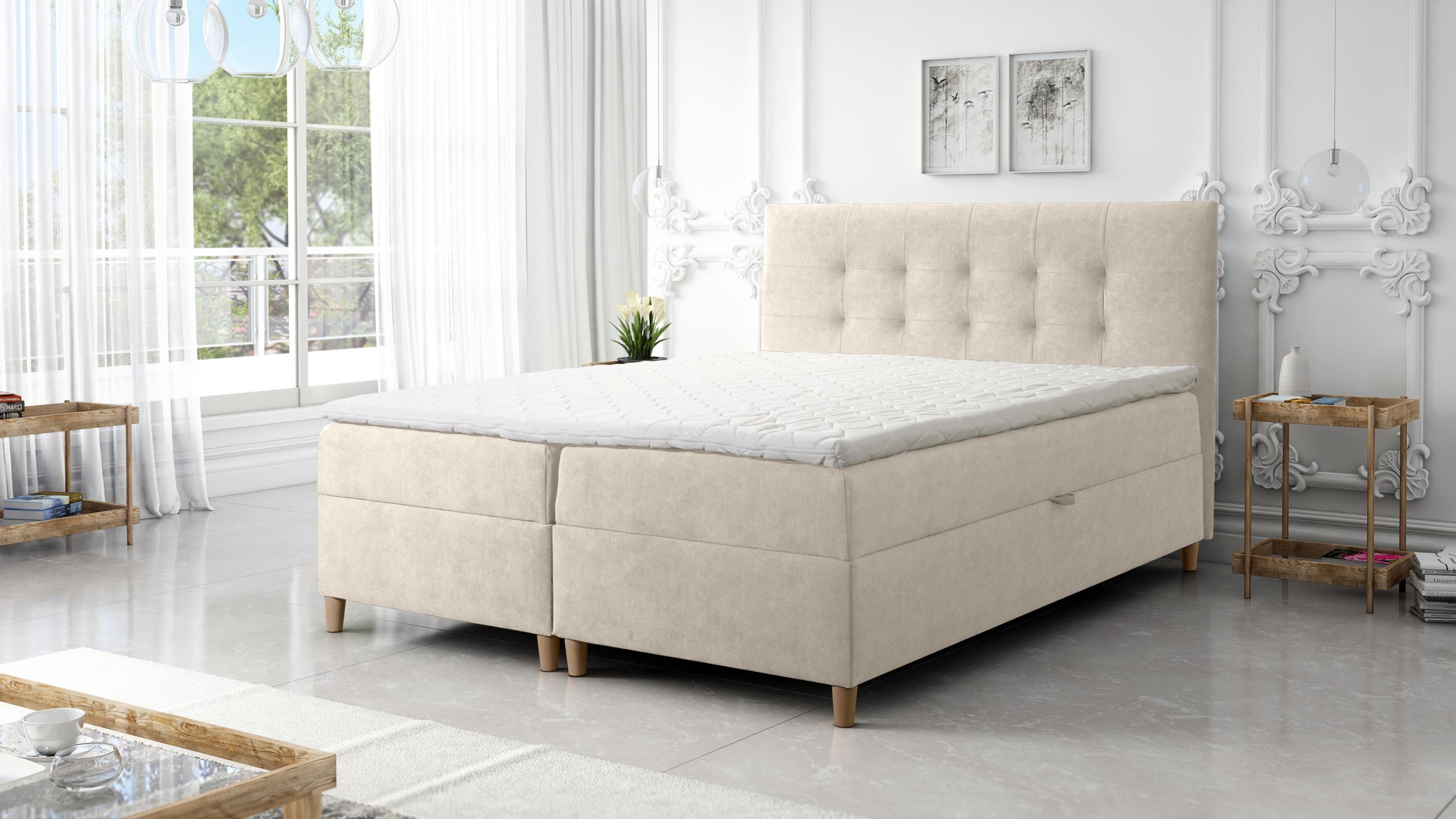 hochwertiger Boxspringbett 120/140/160/180/200x200 DEISE Topper und Holzfüßen, Furnix Creme Doppelbett Polsterstoff mit strapazierfähiger,