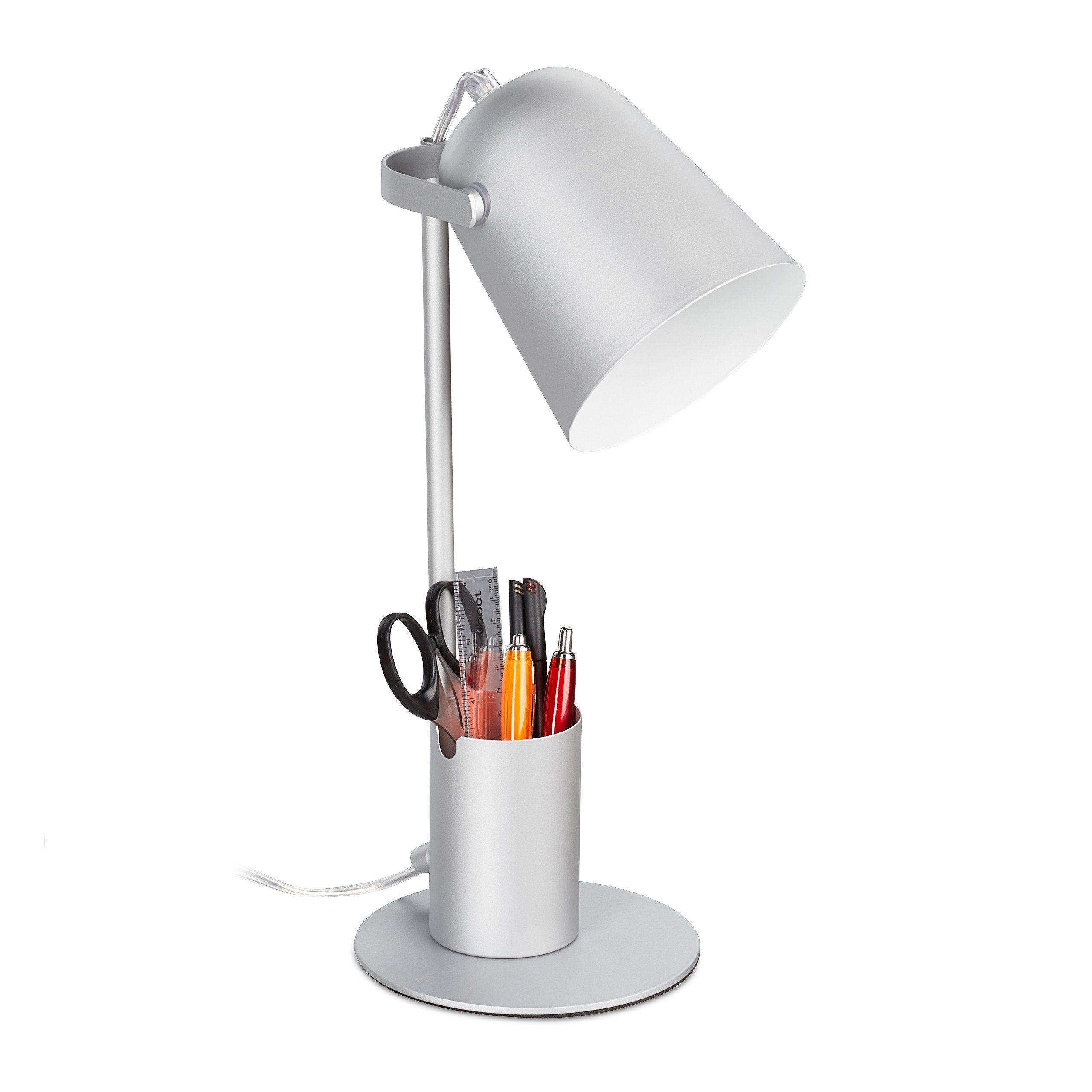 Schreibtischlampe Weiß mit Stifthalter, Silber relaxdays Silber Schreibtischlampe