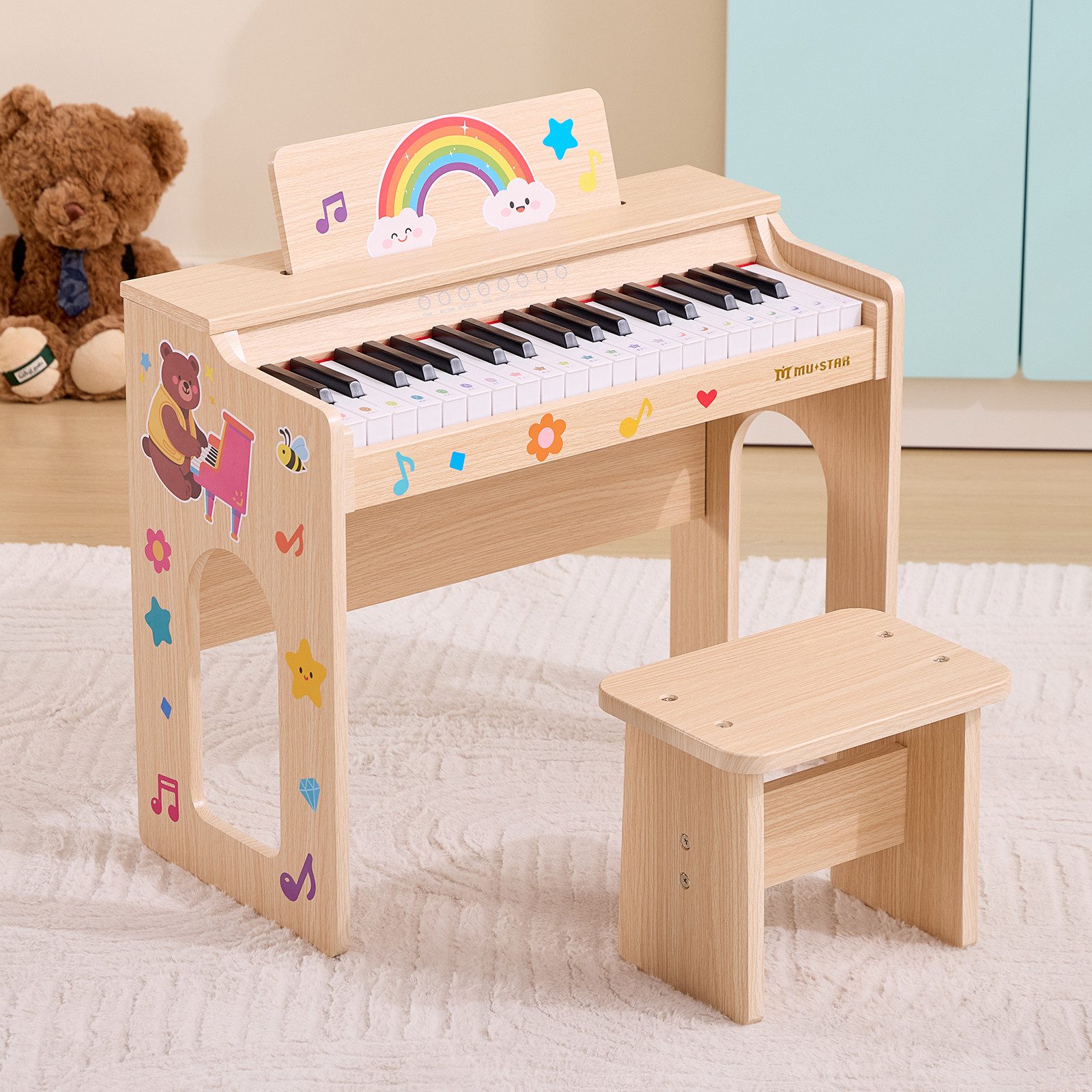 MUSTAR Klavier aus Holz mit Hocker, Notenbuch und Aufklebern, 37 Tasten (2-St., mit Piano Bench), 37 Tasten Kinderklavier, DIY Lernaufkleber & Tastaturaufkleber