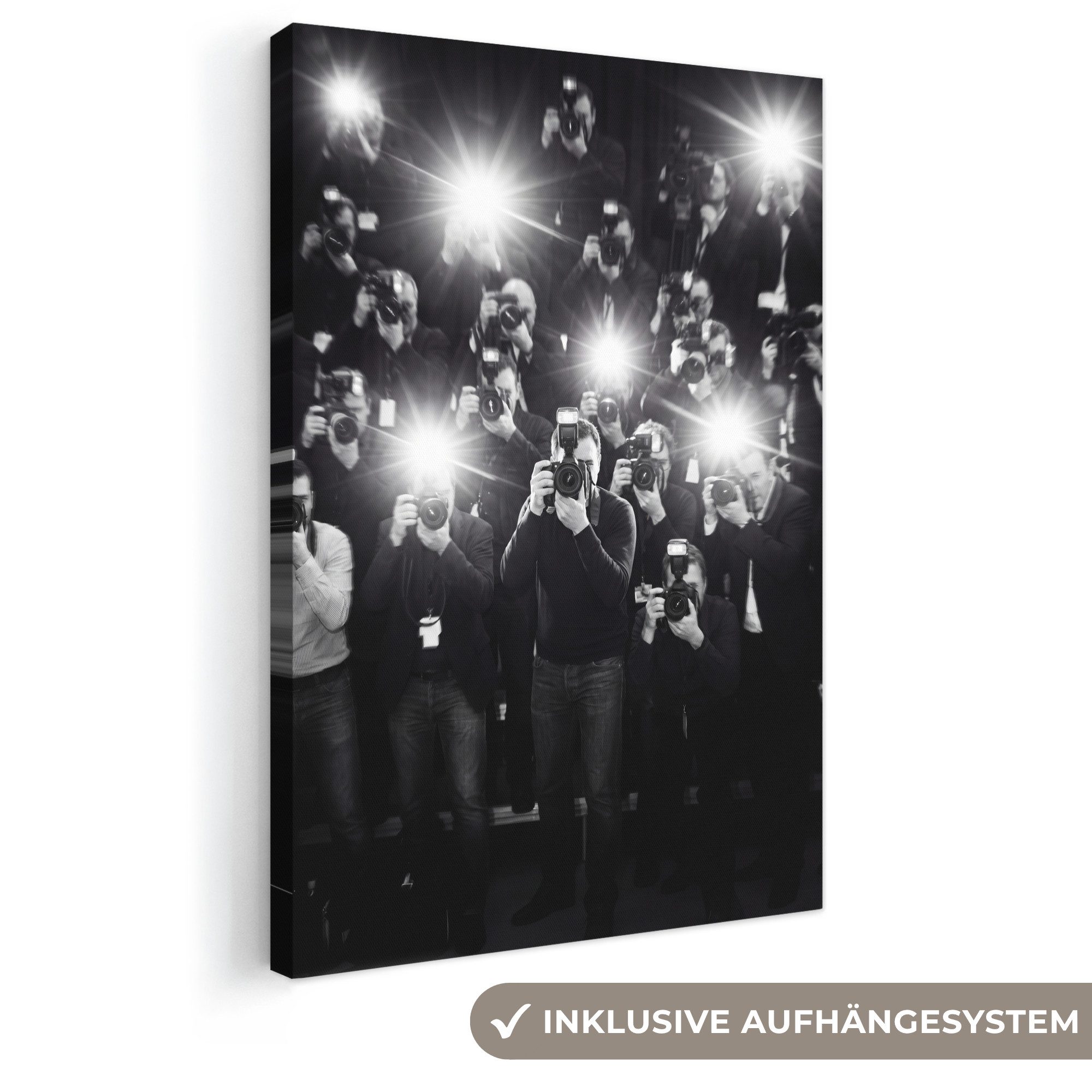 OneMillionCanvasses® Leinwandbild Menschen – Kamera – Blitzlicht – Schwarz-Weiß – Medien, Fotodruck (1 St), Leinwand Canvas Wandbild, Wanddekoration 20x30 cm