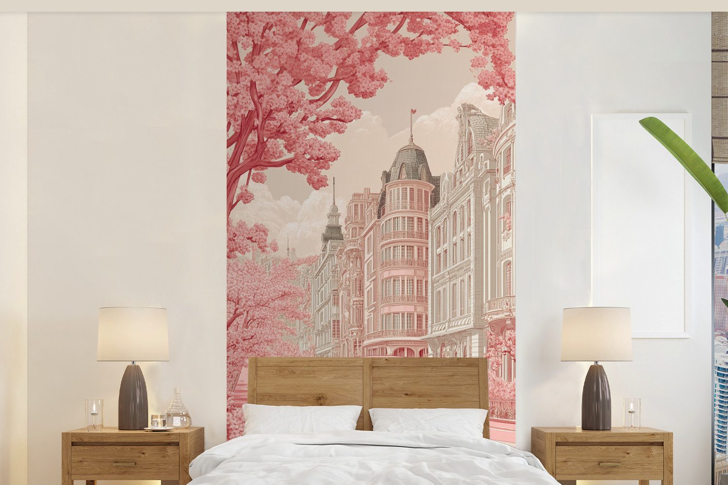 MuchoWow Fototapete Stadt - Auto - Rosa, Matt, bedruckt, Vliestapete für Wohnzimmer Schlafzimmer Küche, Fototapete, 120x240 cm
