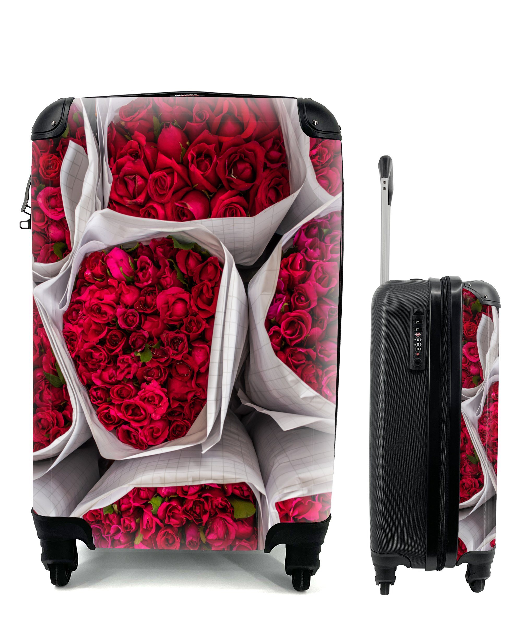 MuchoWow Handgepäckkoffer Rosen - Blumenstrauß - Rot, 4 Rollen, Reisetasche mit rollen, Handgepäck für Ferien, Trolley, Reisekoffer