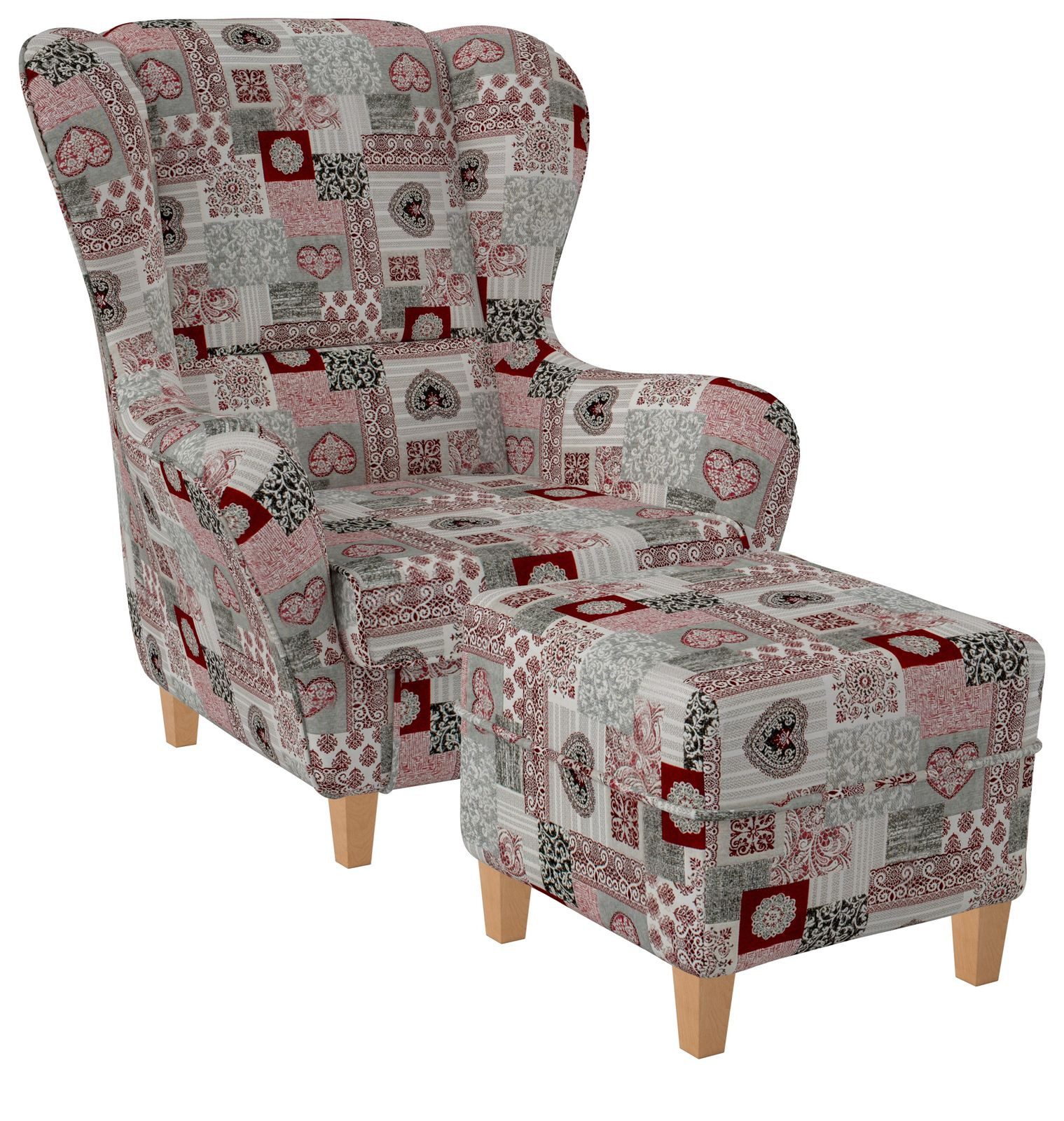 Supellex Ohrensessel Sofia Relaxsessel mit Hocker – Patchwork Ornamente Herz Rot