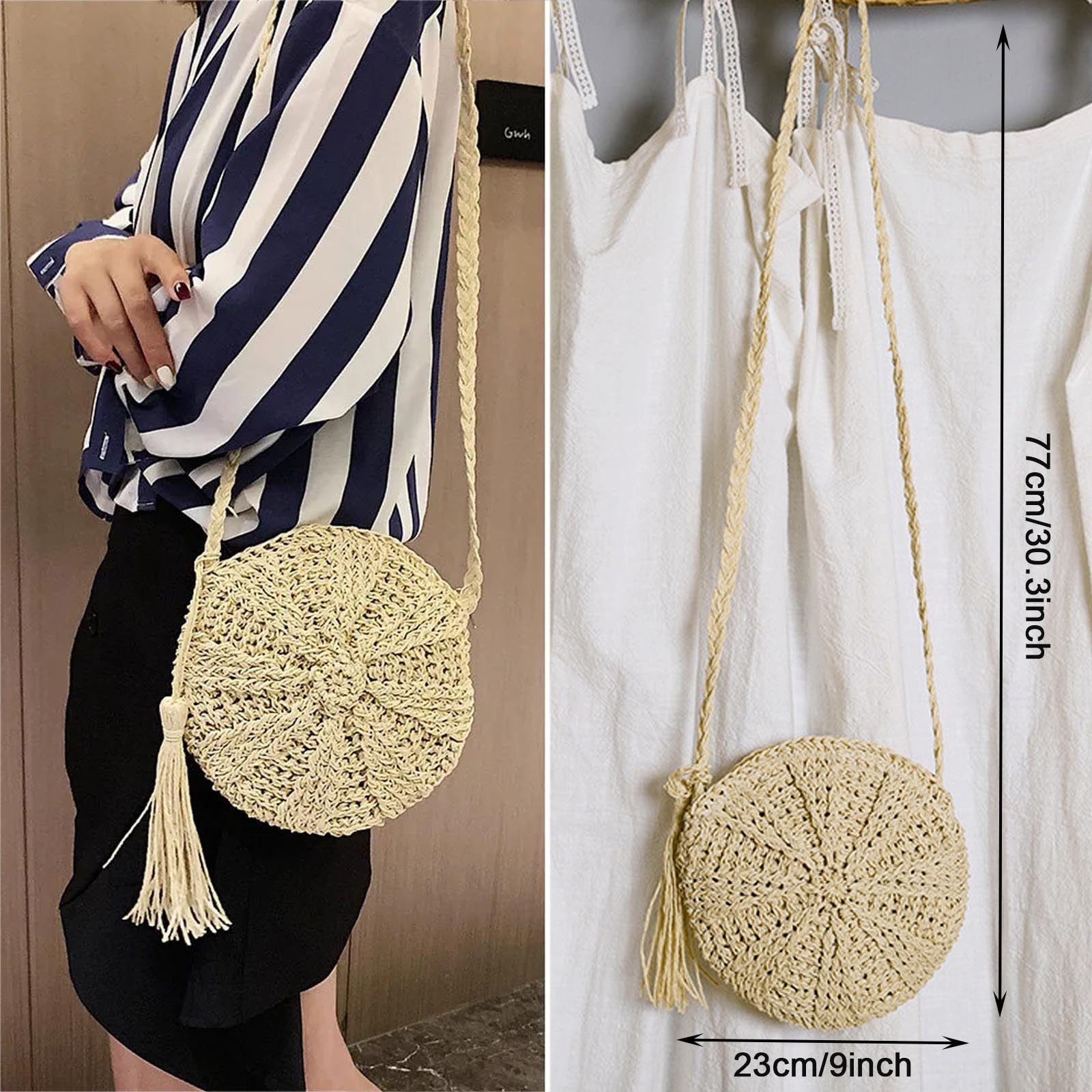 Zaewry Strandtasche Vintage Strandtasche Strand Stroh Handtasche Rund Crossbody Tasche, für Damenreisen und Urlaub – Bild 2 von 5