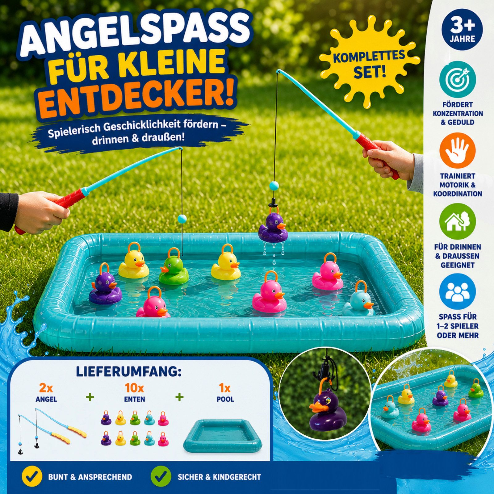 Koopman Spielzeug-Gartenset Entenangeln Pool + 10 Enten Bunt, (1-tlg), 2 Angeln, Kindergeburtstag, 10 Enten, Kinderspielzeug