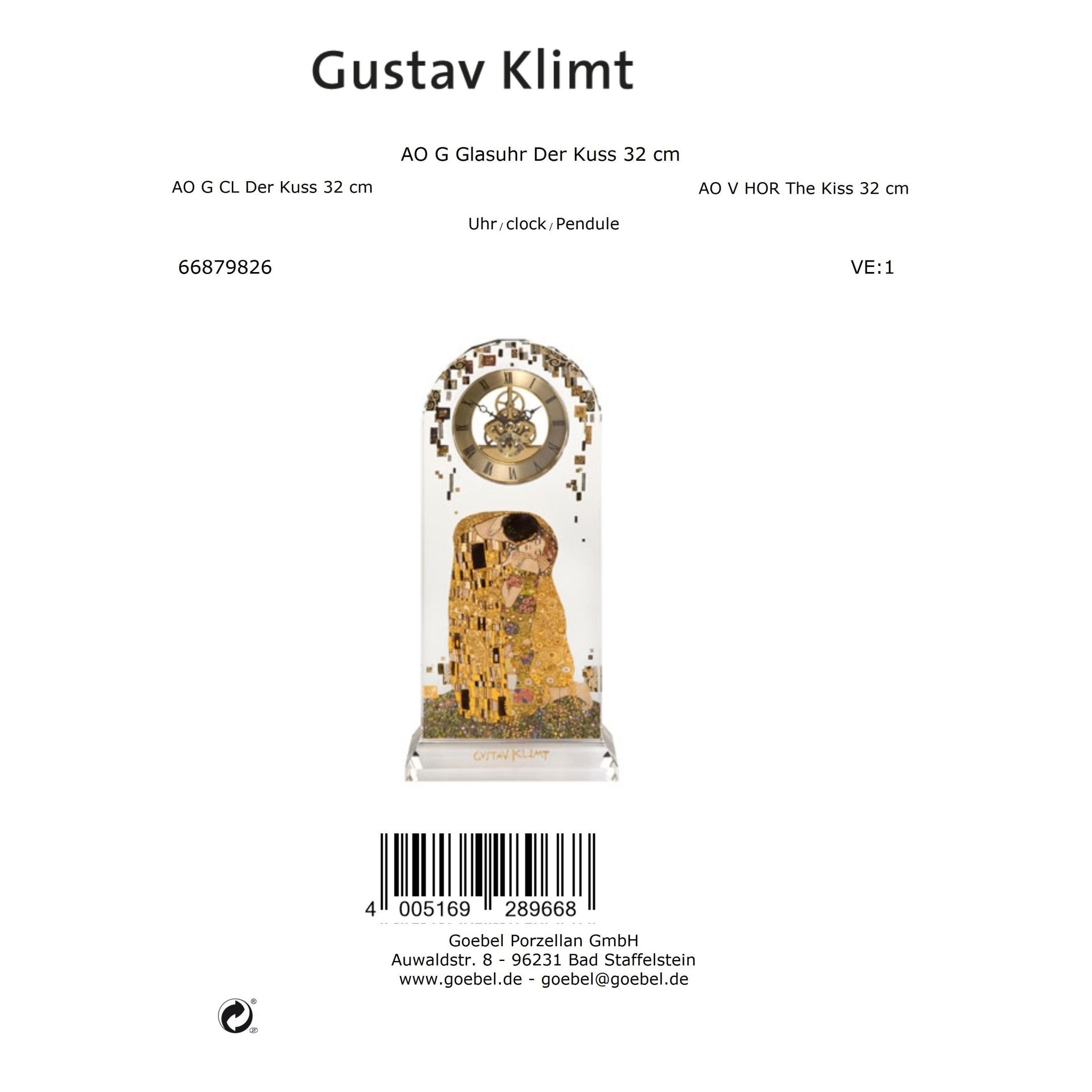 Goebel Tischuhr Goebel Tischuhr Gustav Klimt Der Kuss sichtbares Uhrwerk, Echtgoldauflage