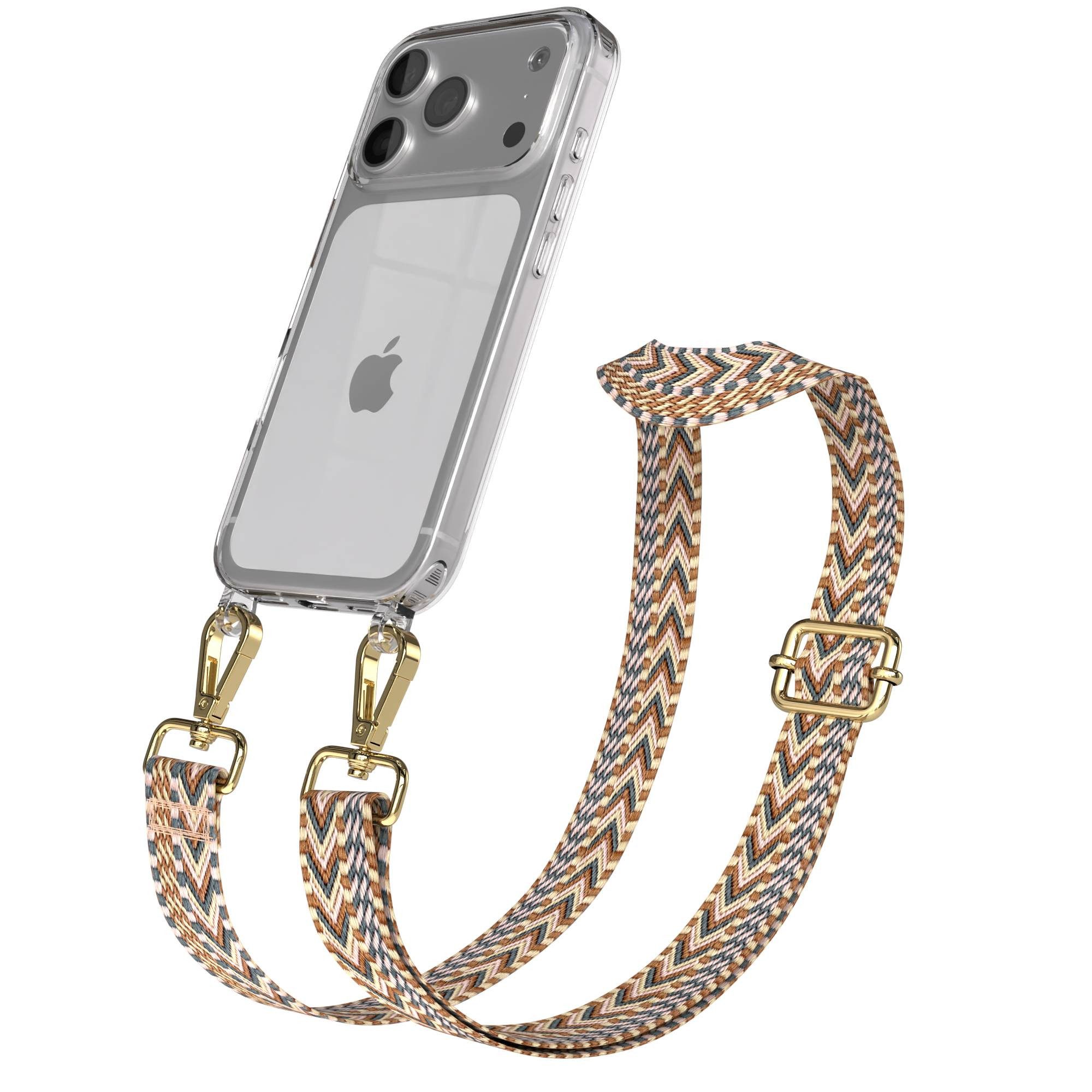 EAZY CASE Handykette Silikonhülle mit Kette für Apple iPhone 17 Pro 6,3 Zoll, Schulterriemen Taschenband Handyband Clear Hülle mit Band Braun Mix