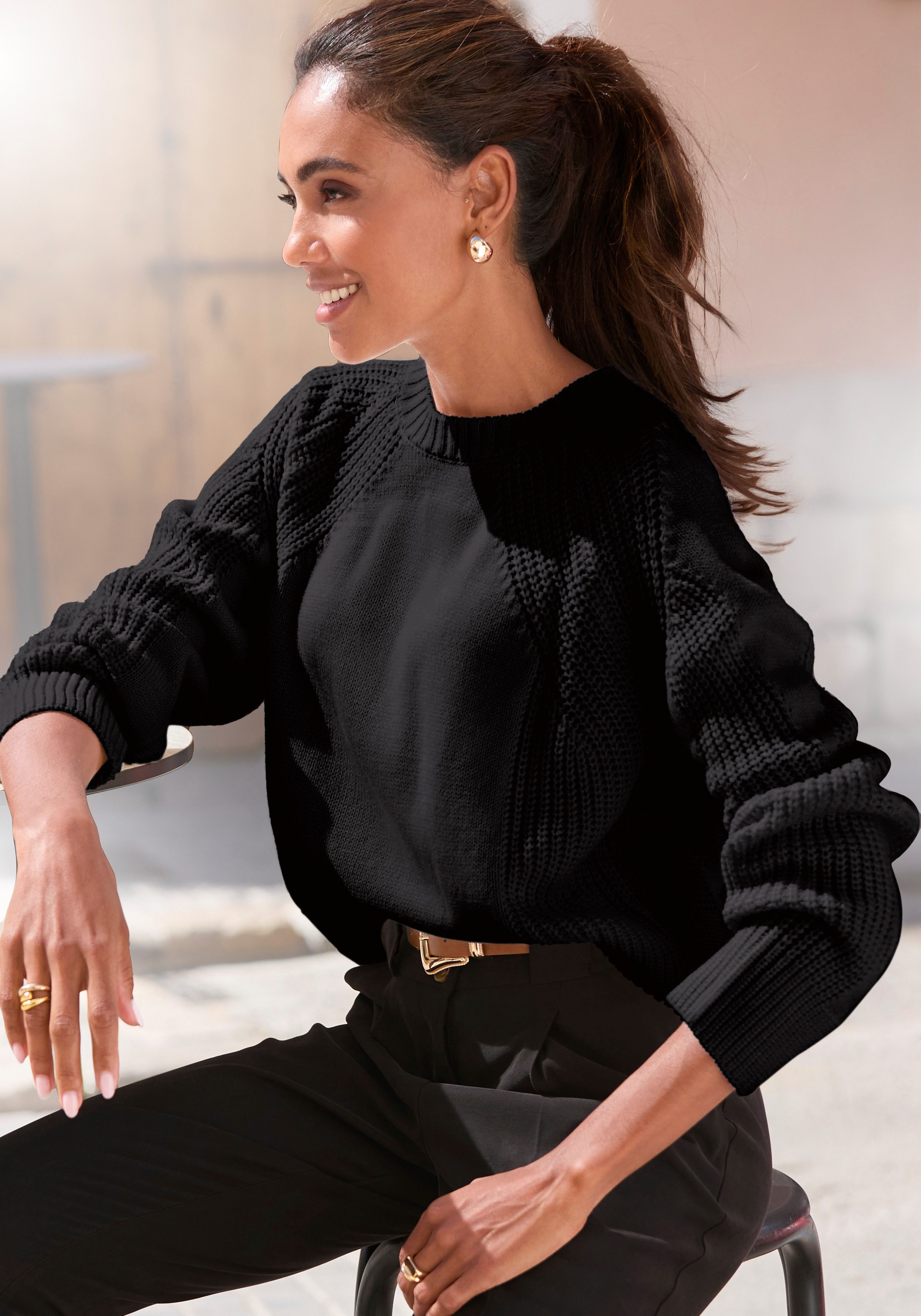 LASCANA Strickpullover mit Grobstrick-Details, Damen Pullover mit Rundhals