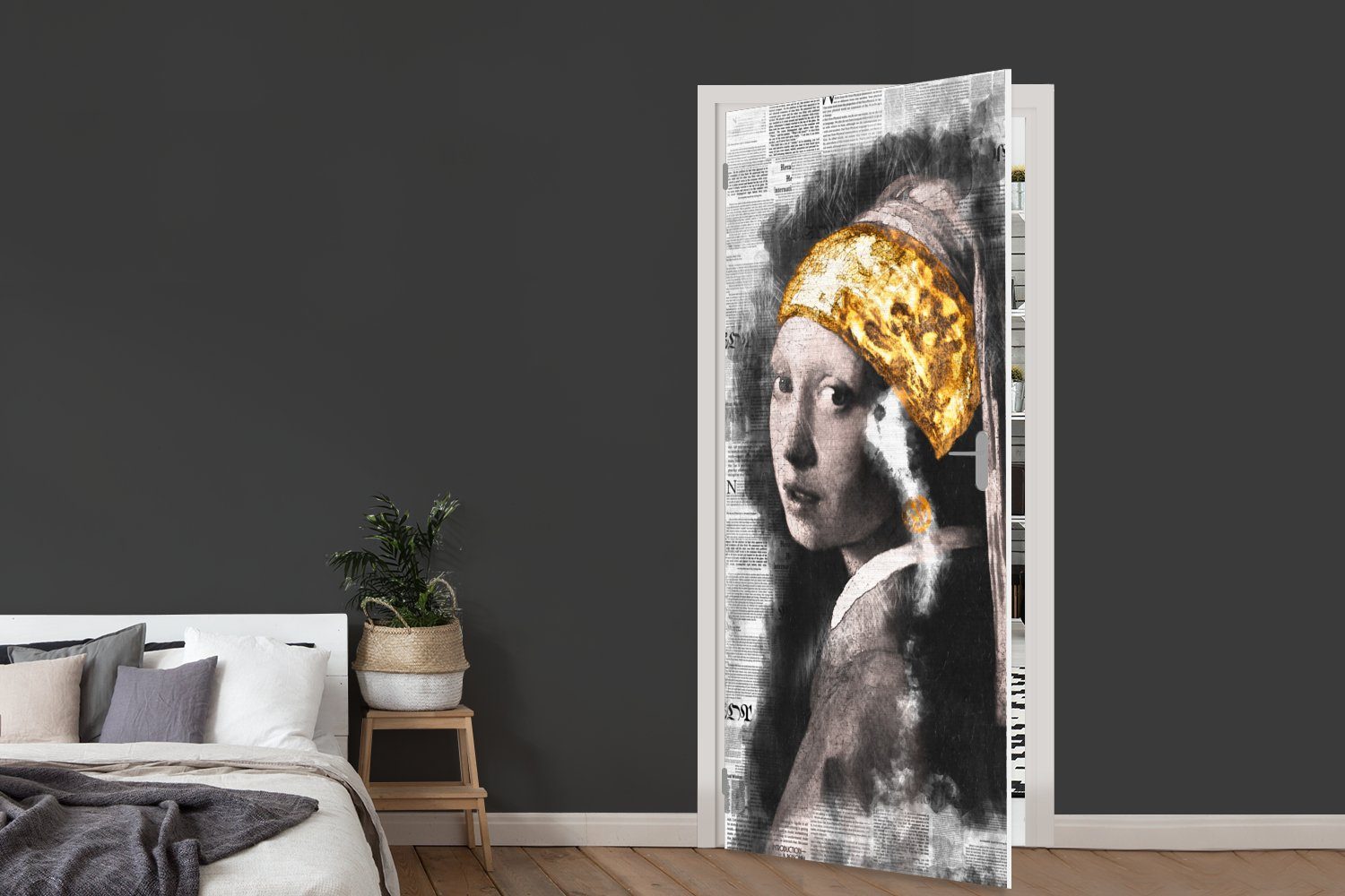 Aquarell, (1 - bedruckt, 75x205 Gold Mädchen Matt, St), cm Perlenohrring - Türtapete Tür, Fototapete für MuchoWow mit Türaufkleber,