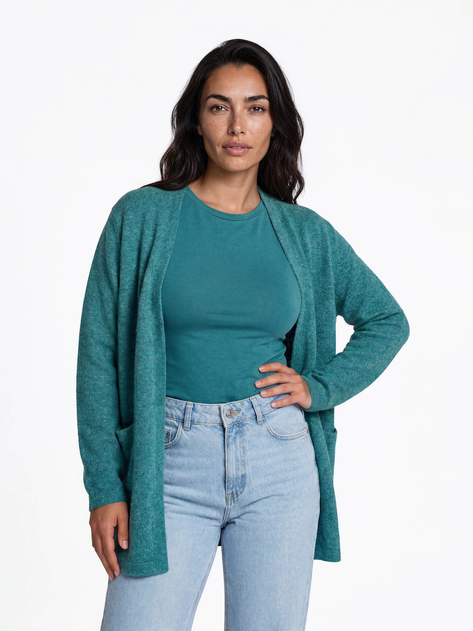 FRISTED Cardigan Damen Lammwolle Schalkragen Melange Relaxed Fit Langarm Strickjacke in feinem Garn mit längerer Silhouette und Seitenschlitzen