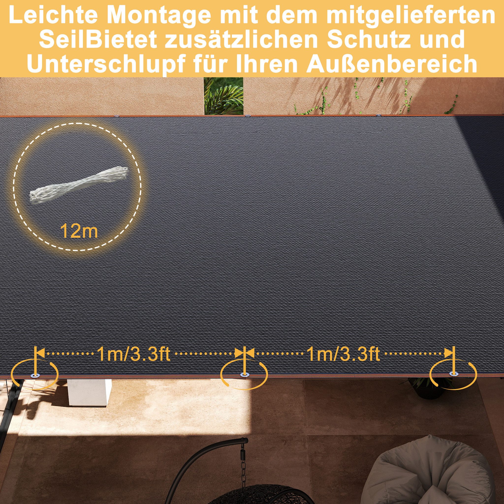 FIVMEN Sonnensegel Schattennetz mit ÖSen Sonnenschutz Windschutz Schattiernetz mit Rope, UV-Schutz 90-95% Shading Rate aus HDPE für Balkon Terrasse Garten – Bild 4 von 5