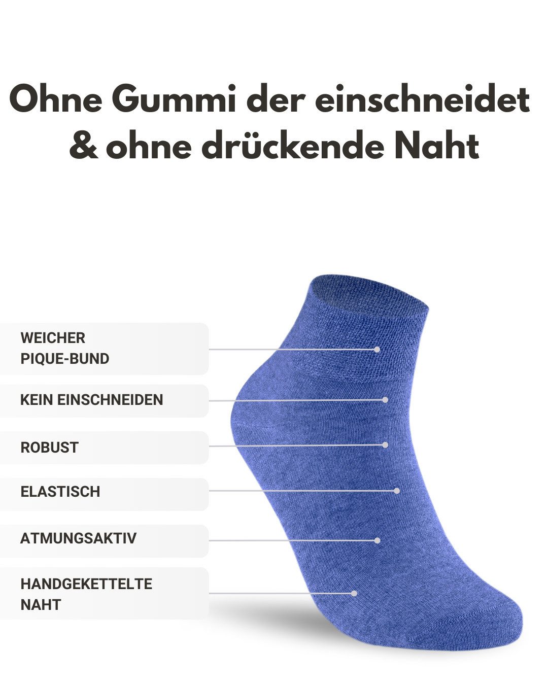 sockenkauf24 Diabetikersocken kurz ohne Gummibund & ohne Naht Quarter Diabetiker Socken Baumwolle (Set, 10-Paar) Diabetiker Socken mit Komfortbund ohne Gummi für Damen & Herren