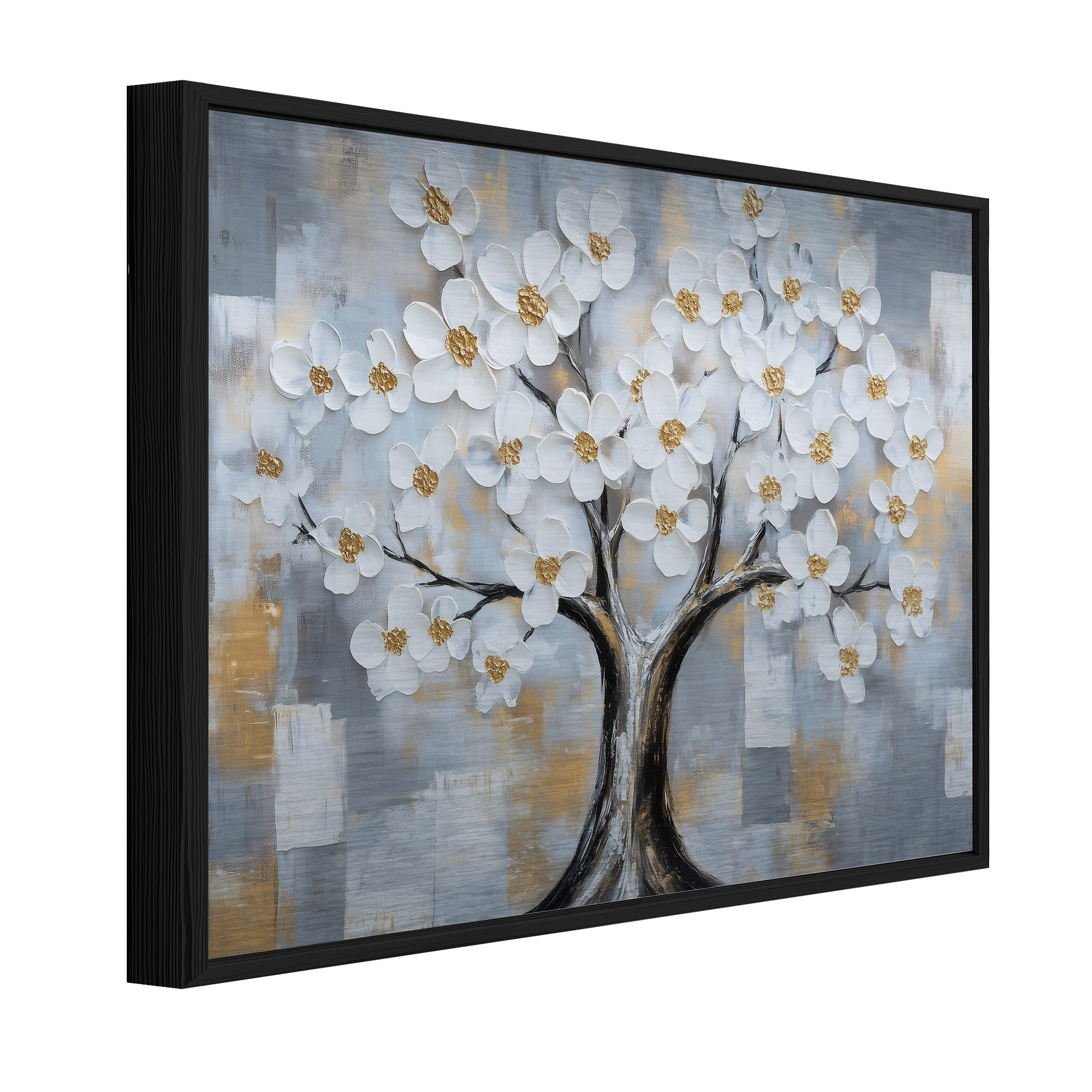 Wallarena Metallbild Baum weiß gold grau Wanddeko Bilder mit Rahmen Wohnzimmer, Baum (Packung, 1 St), Bilder mit Rahmen Metallbilder Modern Wanddeko gross XXL
