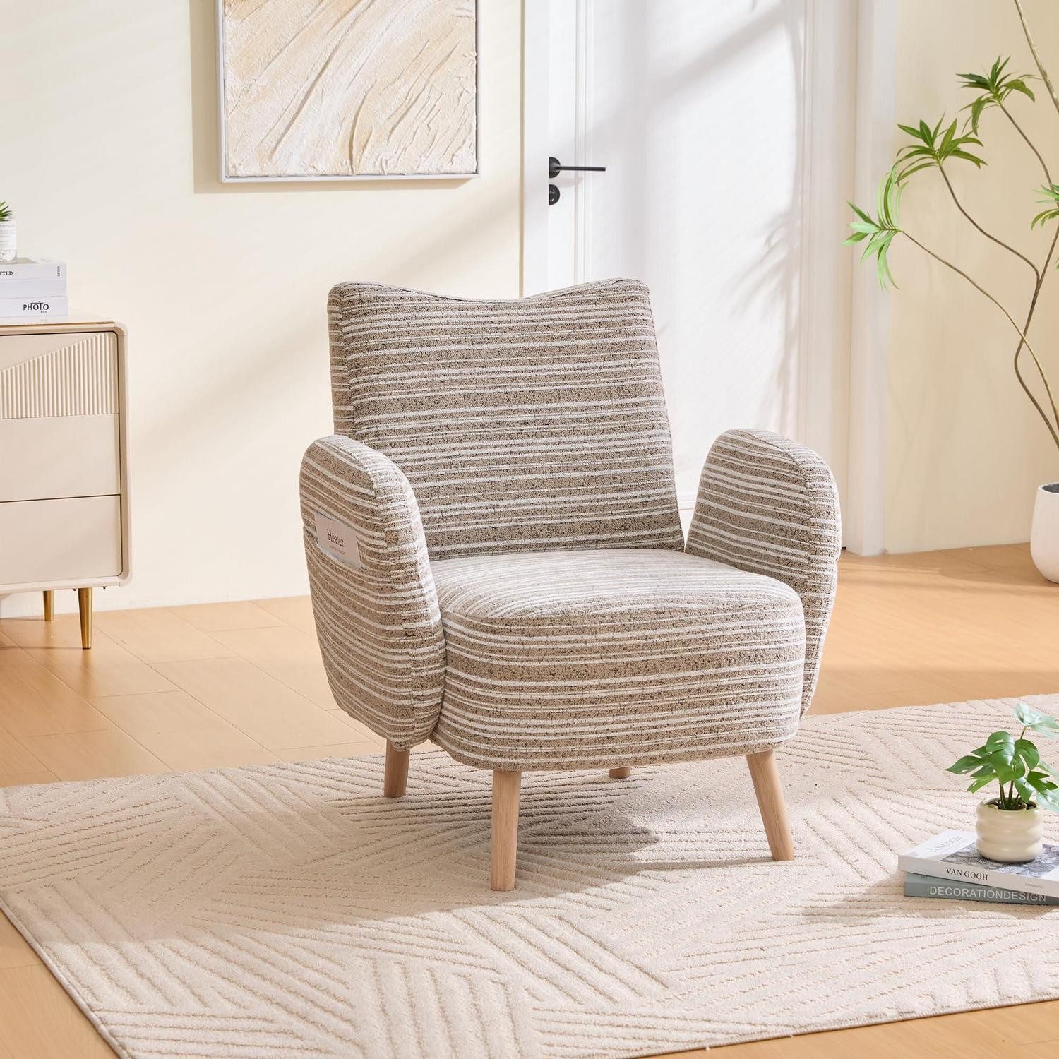 LuxusKollektion Ohrensessel Ohrensessel Fernsehsessel Boucle Sessel Massivholzbeine 77x81cm Khaki