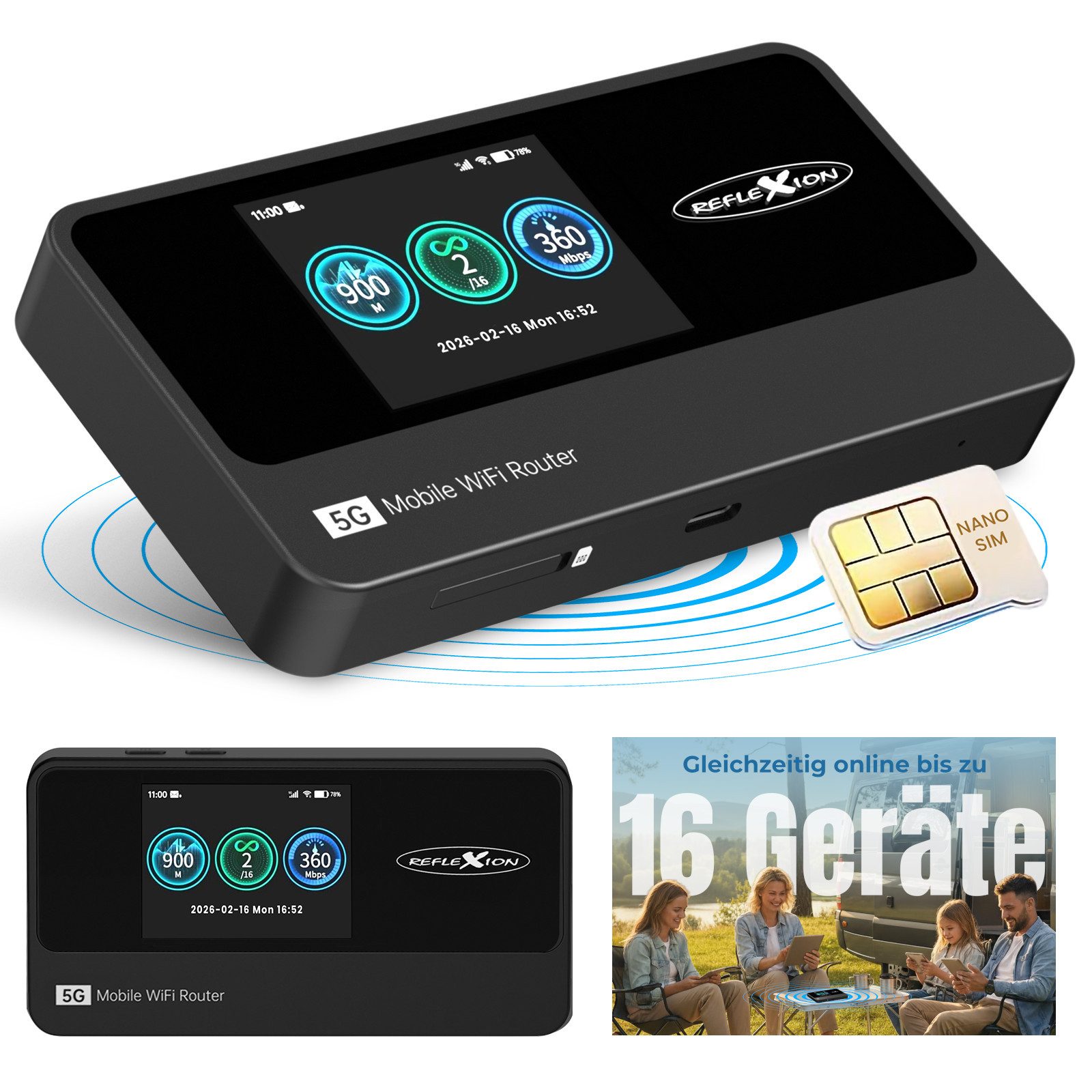 Reflexion 5GCONNECT WLAN Router mit Akku 4200mAh, WiFi 6 Hotspot Mobiler Router, Nano-SIM Karten Slot, 2,4 Zoll Display, bis 16 Geräte, USB-C Anschluss