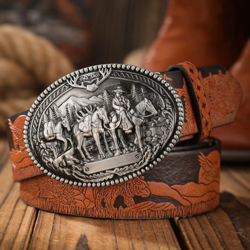 Ware aus aller Welt Koppelgürtel Rustikaler Western - Gürtel mit Cowboy Gürtelschnalle Wild West Buckle (1-St)