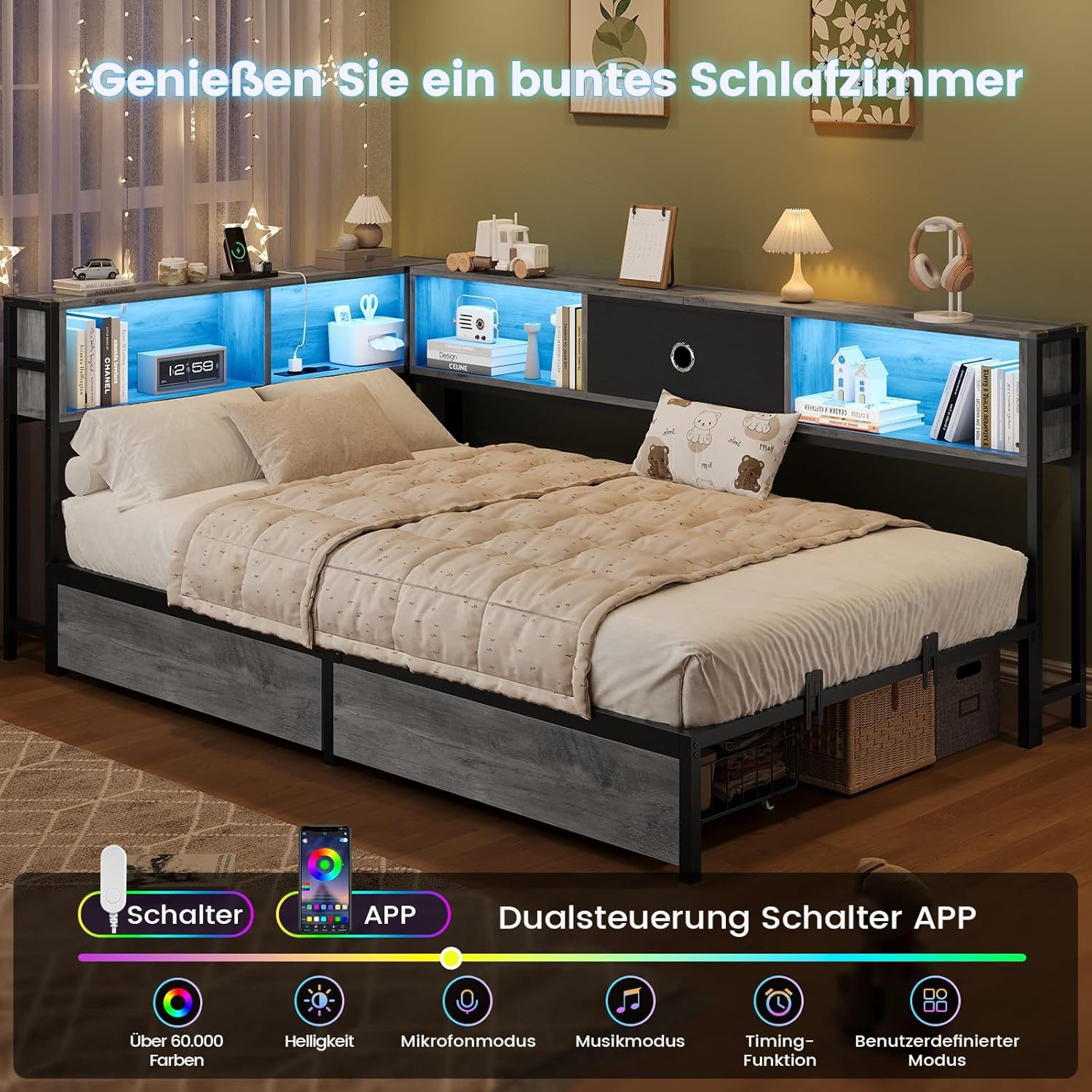 MSMASK Daybett L-Form Schlafsofa mit LED-Beleuchtung und Steckdose, Kinderbett (1 tlg), Jugendbett mit Metallrost, 90x200cm, Grau – Bild 5 von 5