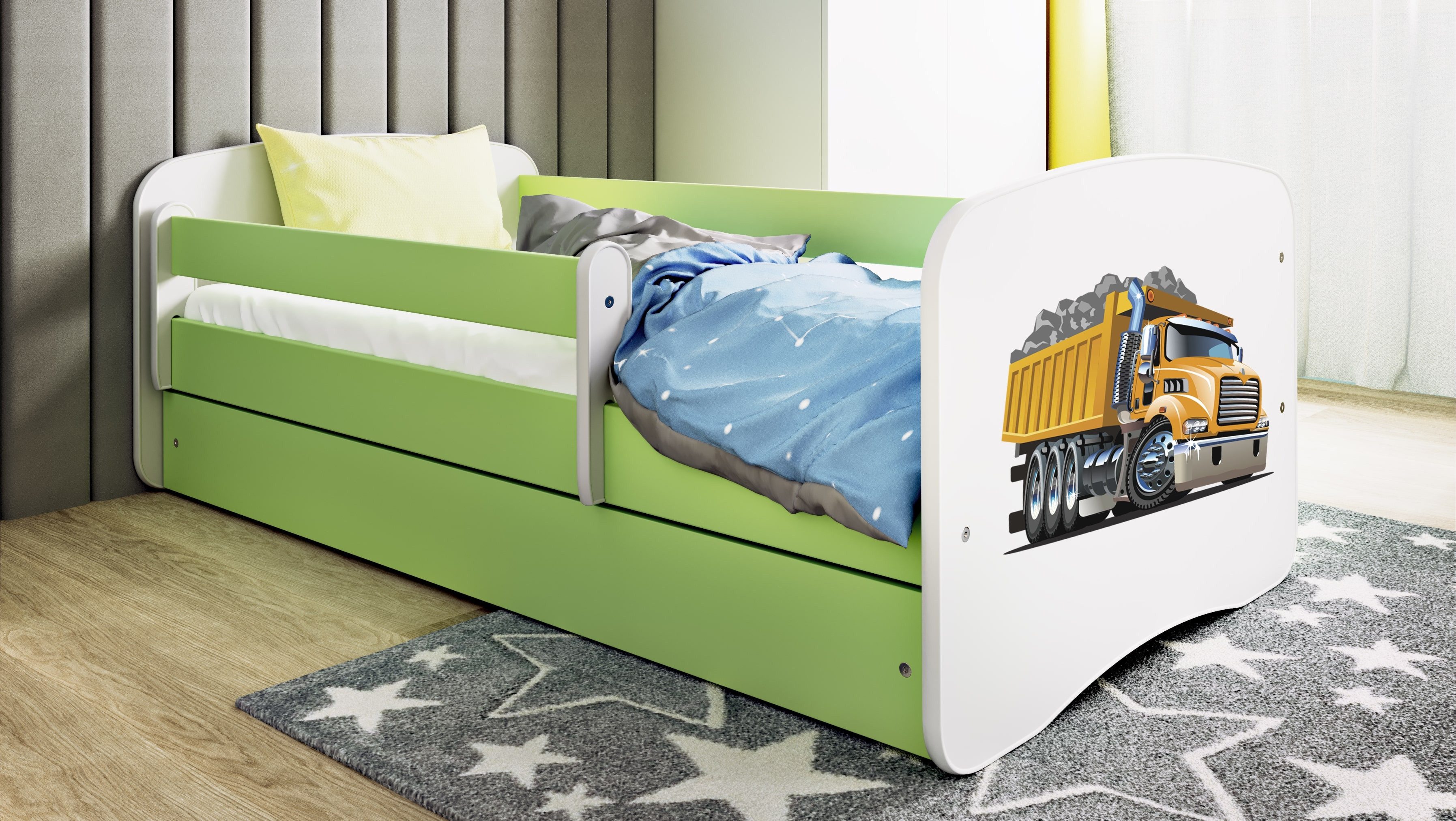 Raumhirsch Furniture Kinderbett 70x140, 80x160, 80x180 cm - Komplettset mit Schublade (Bett für Jungs, Einzelbett für Kinder 2–12 Jahre mit Rausfallschutz), verschiedene Farben & Designs