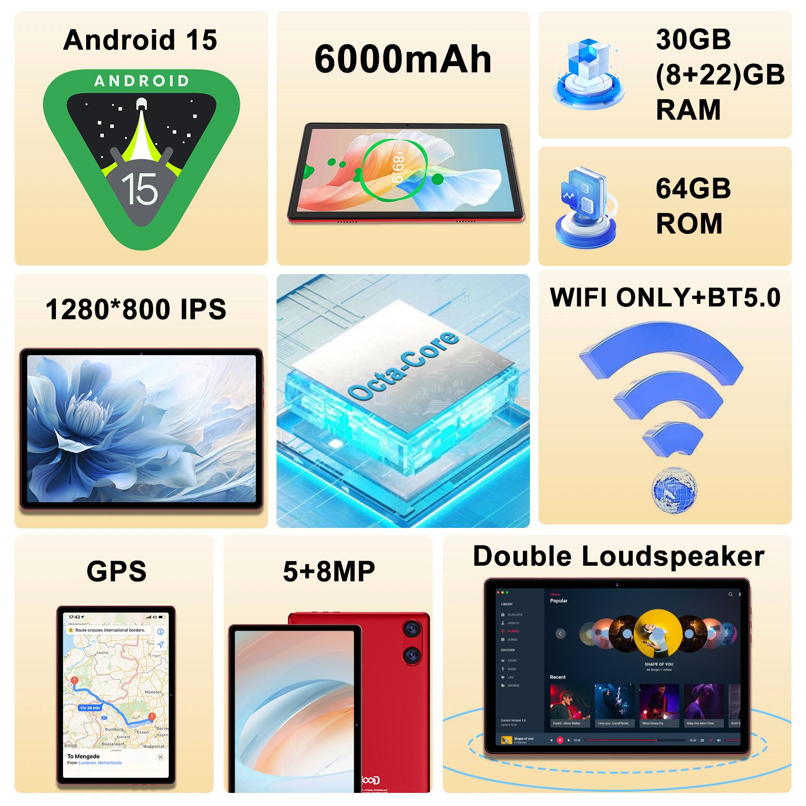 GOODTEL Tablet Android 15, WiFi, 30GB RAM 64GB Speicher erweitern bis zu 1TB Tablet (10,1", Android 15, 64GB Speicher/erweiterbar auf 512TB,6000mAh,Gemini AI,WiFi,Widevine L1)