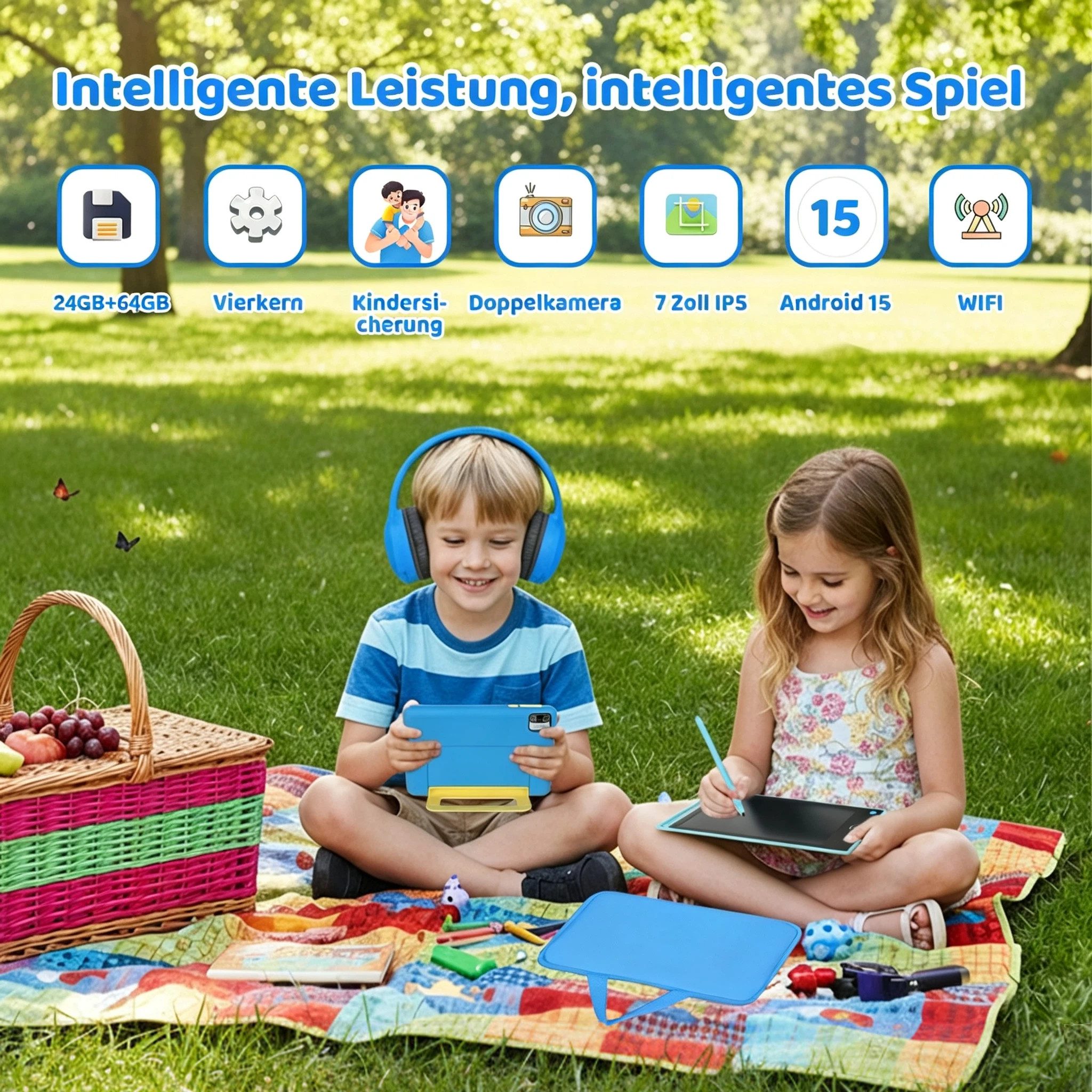 Happybe 7 Zoll 64GB HD-Display mit Schreibtafel, Kopfhörer & Tasche Kinder Tablet (7", 64 GB, Android, Android 15, Vorinstallierte Kindersoftware, Lernen durch  – Bild 5 von 5