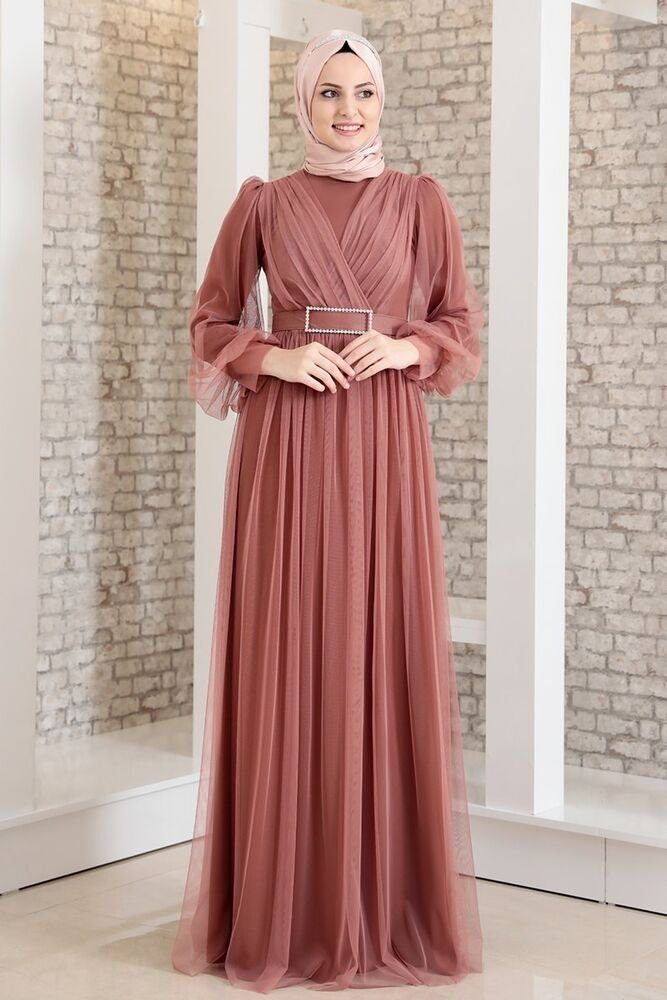 Modavitrini Abendkleid Damen Tüllkleid Abiye Abaya Hijab Kleid langärmliges Maxikleid mit Gürtel Koralle | Partykleider
