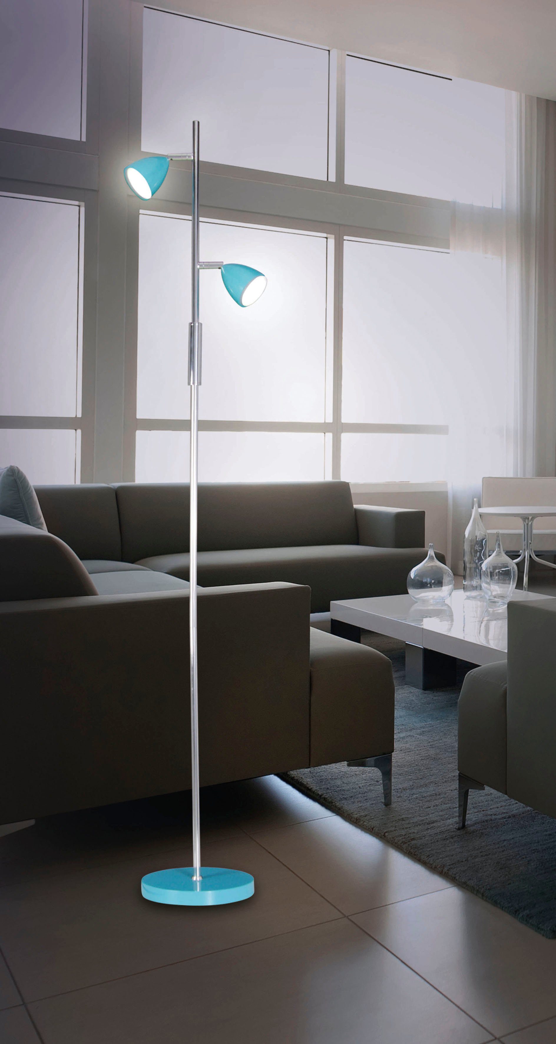 näve LED Stehlampe Aaron, LED wechselbar, Neutralweiß, 2flg., h: 145cm, Schirme und Fuß in türkis/chrom, An/Aus-Schalter