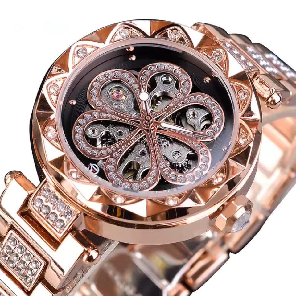Rötting Design Automatikuhr Damenuhr Marke Forsining Rhinestone Besatz goldrosefarbenes Design, schwarzes Ziffernblatt, Handgelenkumfang 16 bis 20 cm wählbar