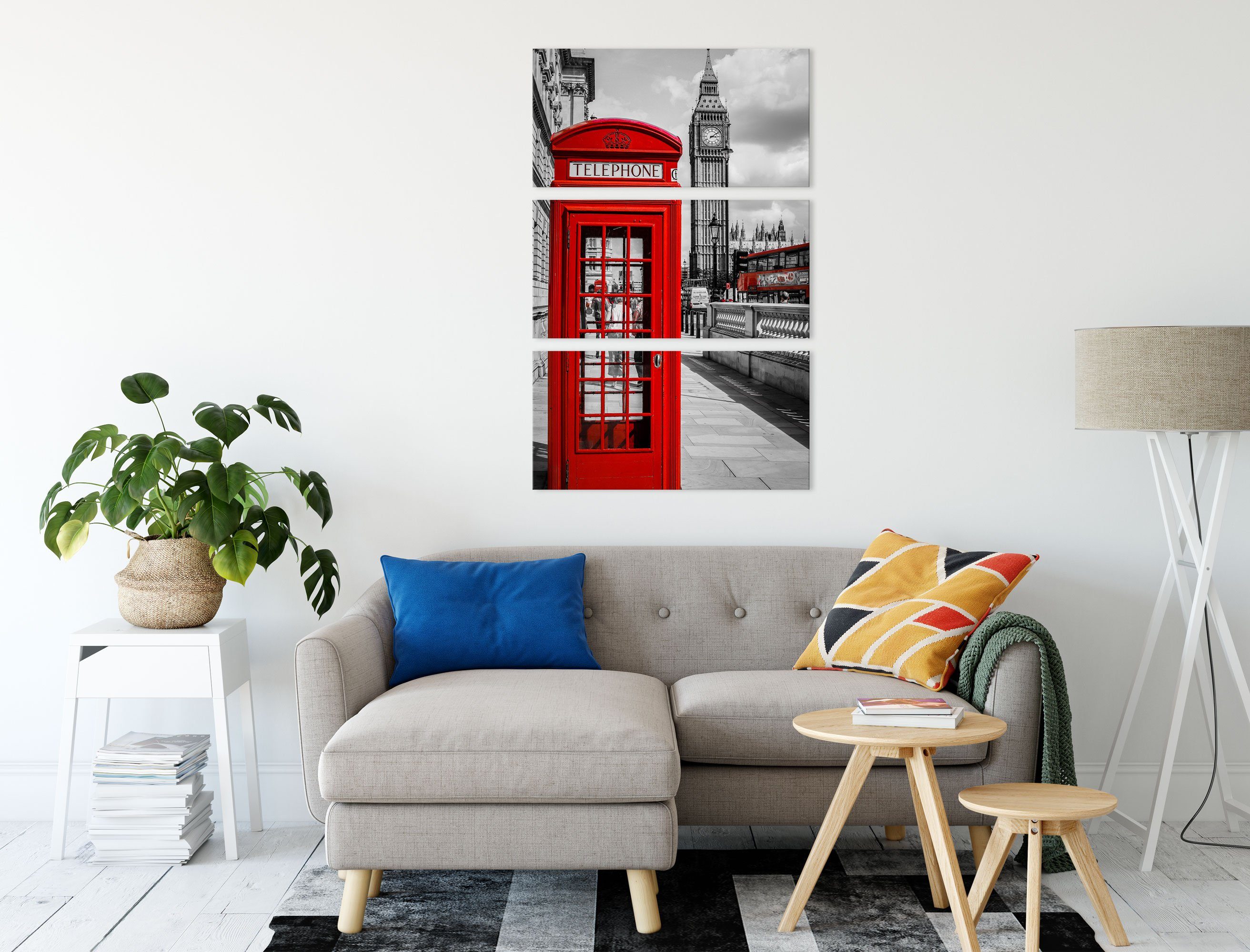 St), Leinwandbild inkl. London, Zackenaufhänger Pixxprint (120x80cm) Telefonzelle London fertig (1 Telefonzelle bespannt, Leinwandbild 3Teiler