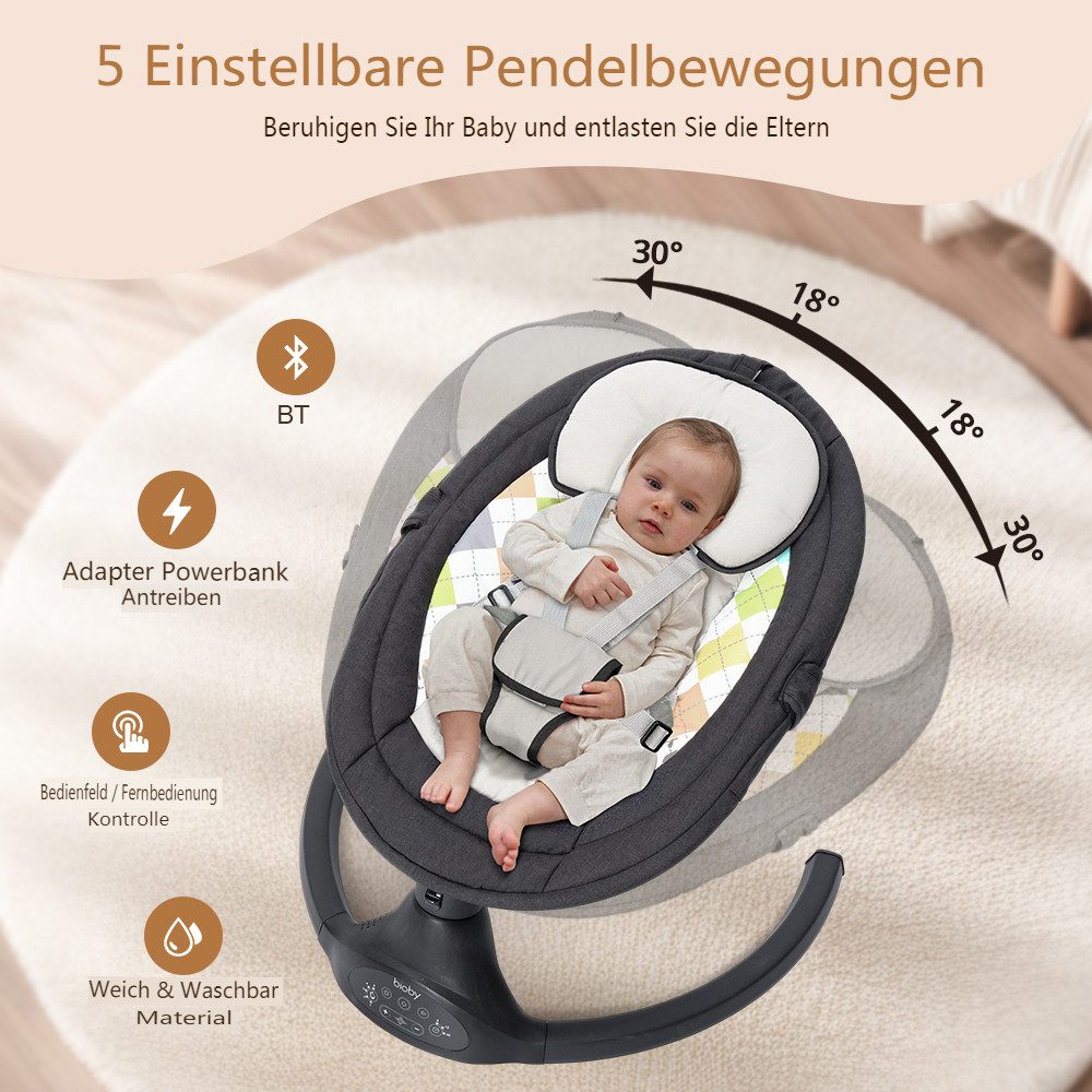 Insma Babywippe elektrisch Babyschaukel 5 Gang Schaukelstuhl Baby, 5-Punkt Sicherheitsgurt, 0-6 Monat max. 9kg