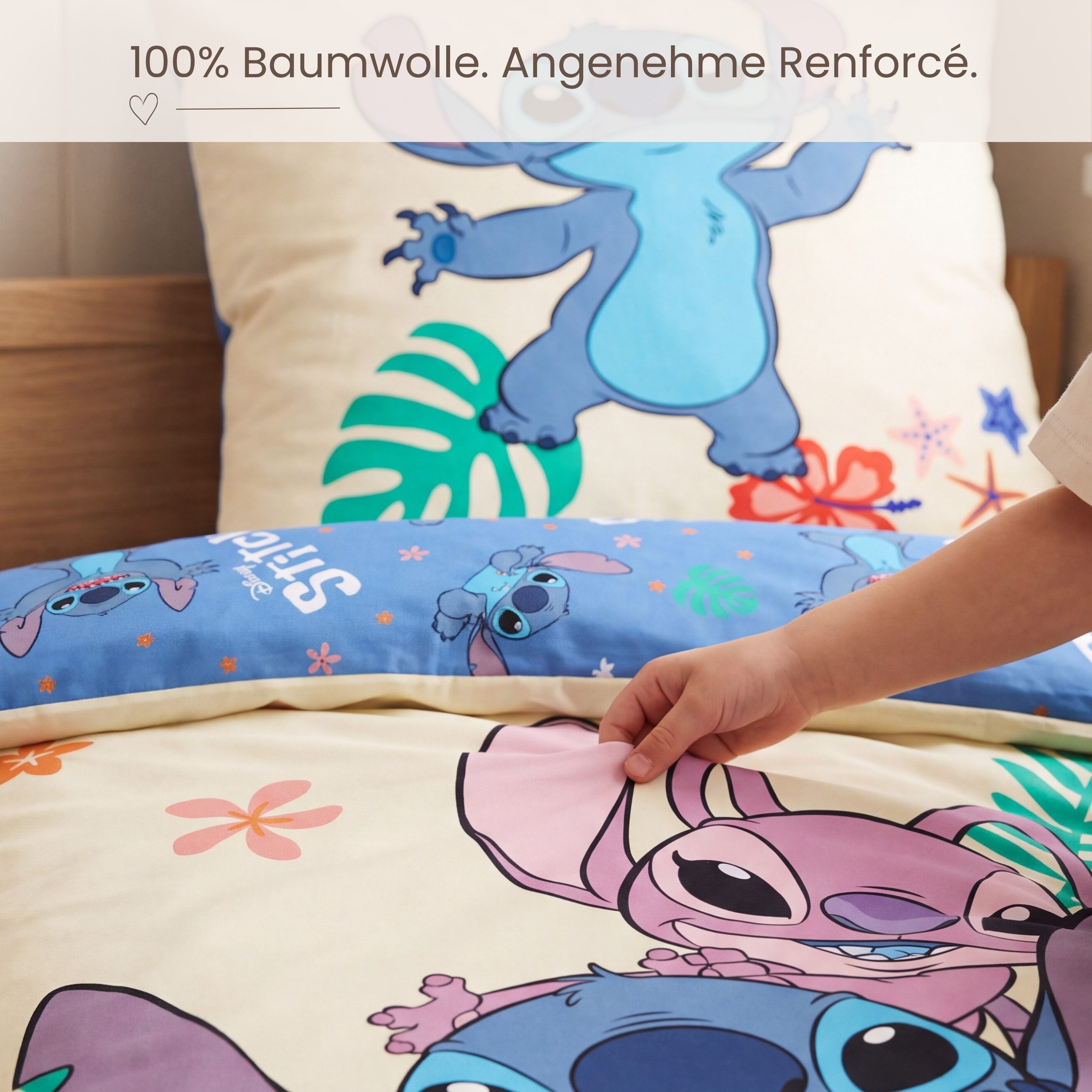 MTOnlinehandel Bettwäsche Lilo & Stitch 135x200 + 80x80 cm, 100 % Baumwolle, Renforcé, 2 teilig, Disney's Kinderbettwäsche mit Reißverschluss – Bild 5 von 5
