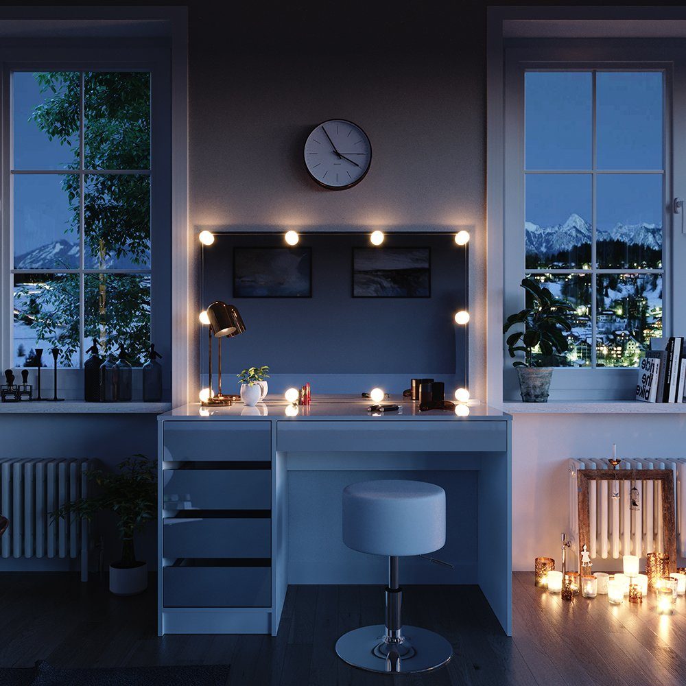Schminktisch Sherry, Weiß, 120 cm mit LED Beleuchtung und Hocker