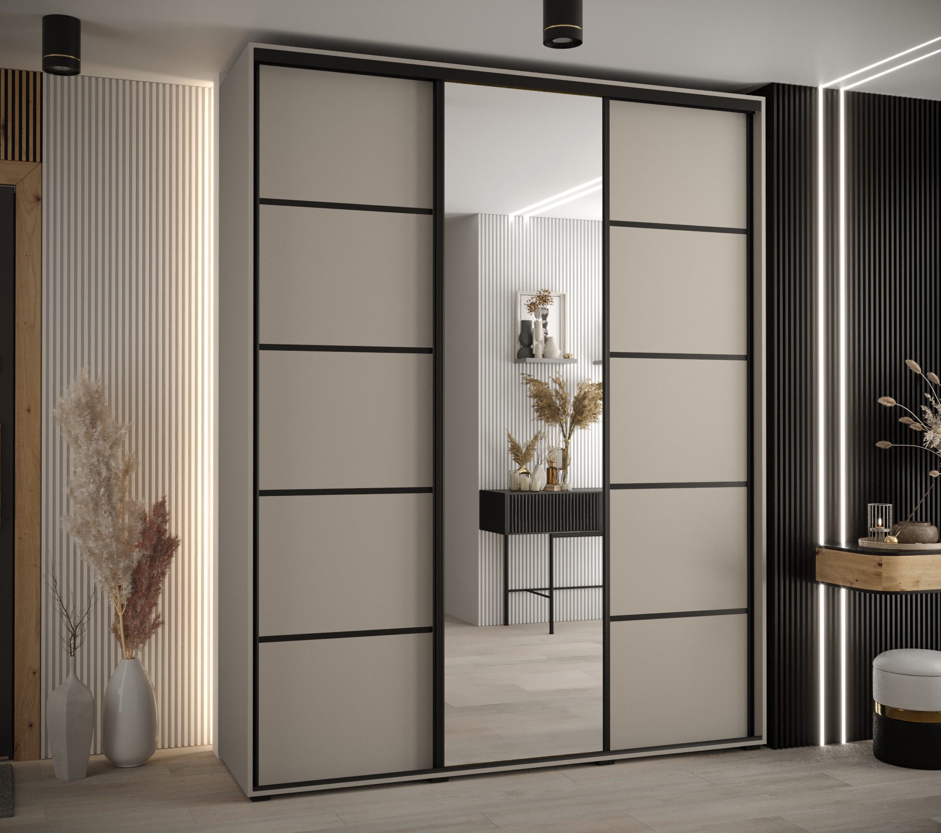 ABIKS MÖBEL Schwebetürenschrank Dakota 5 Schlafzimmerschrank mit Spiegel, Kleiderstange und Regalen