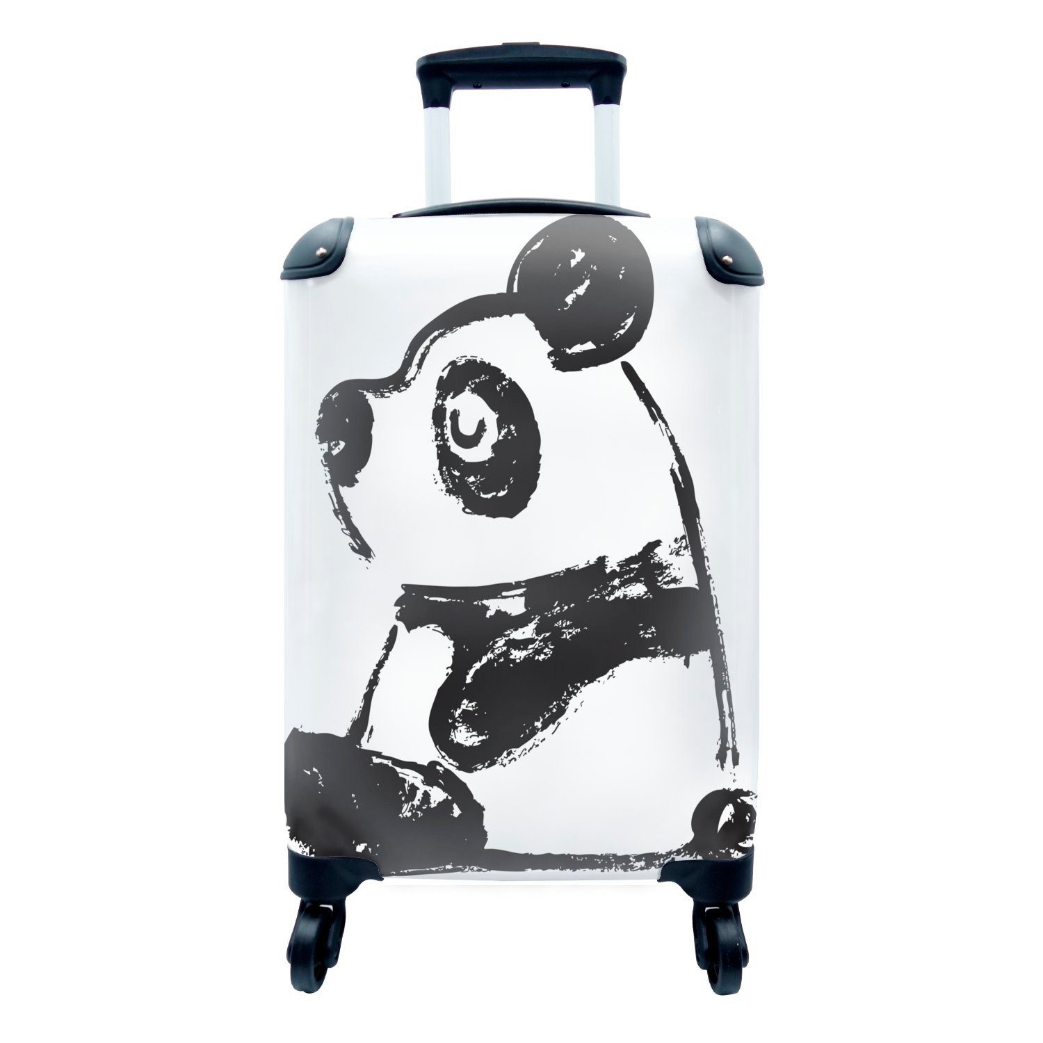 MuchoWow Handgepäckkoffer Panda - Schwarz - Weiß - Illustration, 4 Rollen, Reisetasche mit rollen, Handgepäck für Ferien, Trolley, Reisekoffer