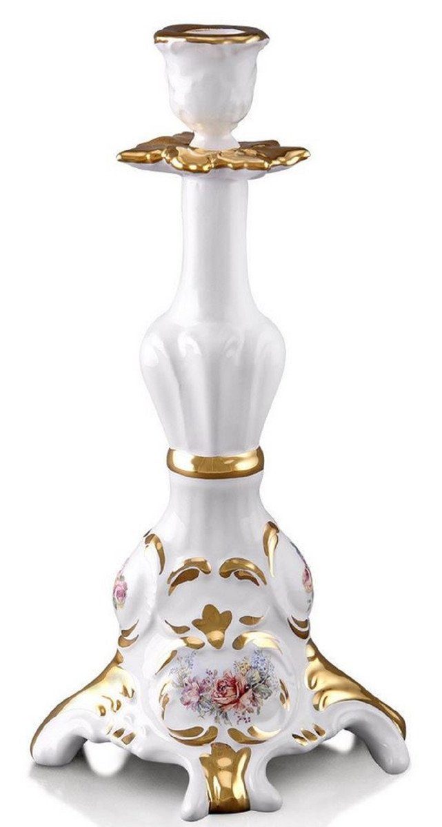 Casa Padrino Kerzenständer Barock Keramik Kerzenständer Weiß / Gold 14 x 12 x H. 28 cm - Prunkvoller handbemalter Kerzenhalter im Barockstil