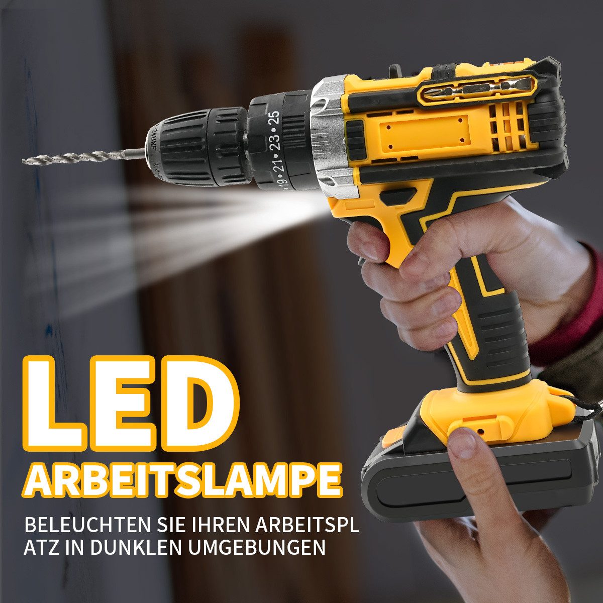 LifeImpree Akku-Bohrschrauber Akku bohrschrauber mit 2x 1500mAh Akkus, 45 N.m Max akkubohrer, max. 1850 U/min, Drehmoment in 25+3 Stufen, Bohrschrauber mit 33 Zubehöre, Für Haus/DIY