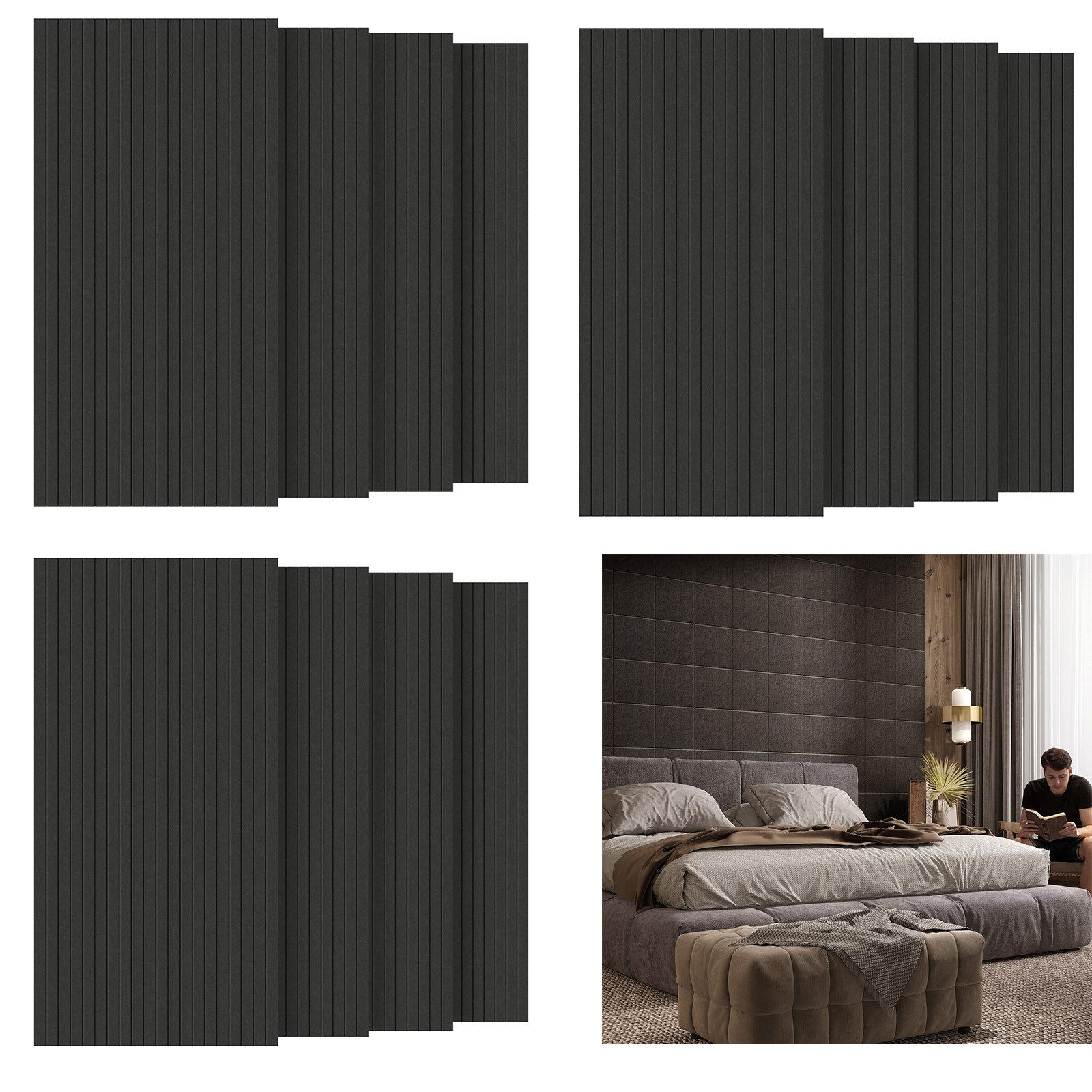 FIVMEN Wandpaneel Akustikpaneele Wand Selbstklebend Schalldämmung 4er/set, (12-tlg) Schwarz/Weiß/Hellgrau 120x60cm Polyesterfaser Langer Streifen