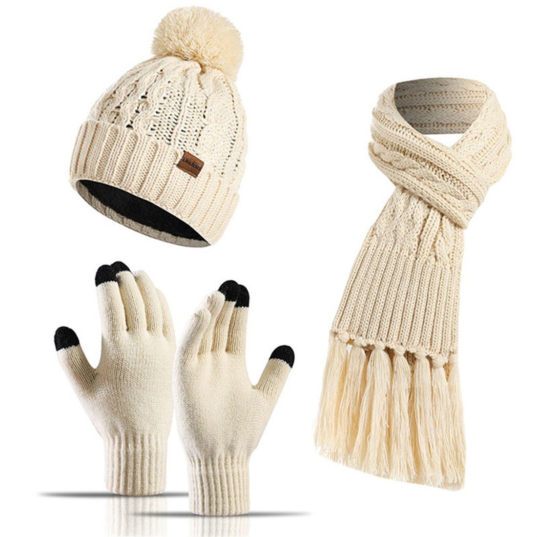 DÖRÖY Strickmütze Wintermütze aus Wolle, Mütze + Schal + Touchscreen-Handschuhe 3er-Set Beige