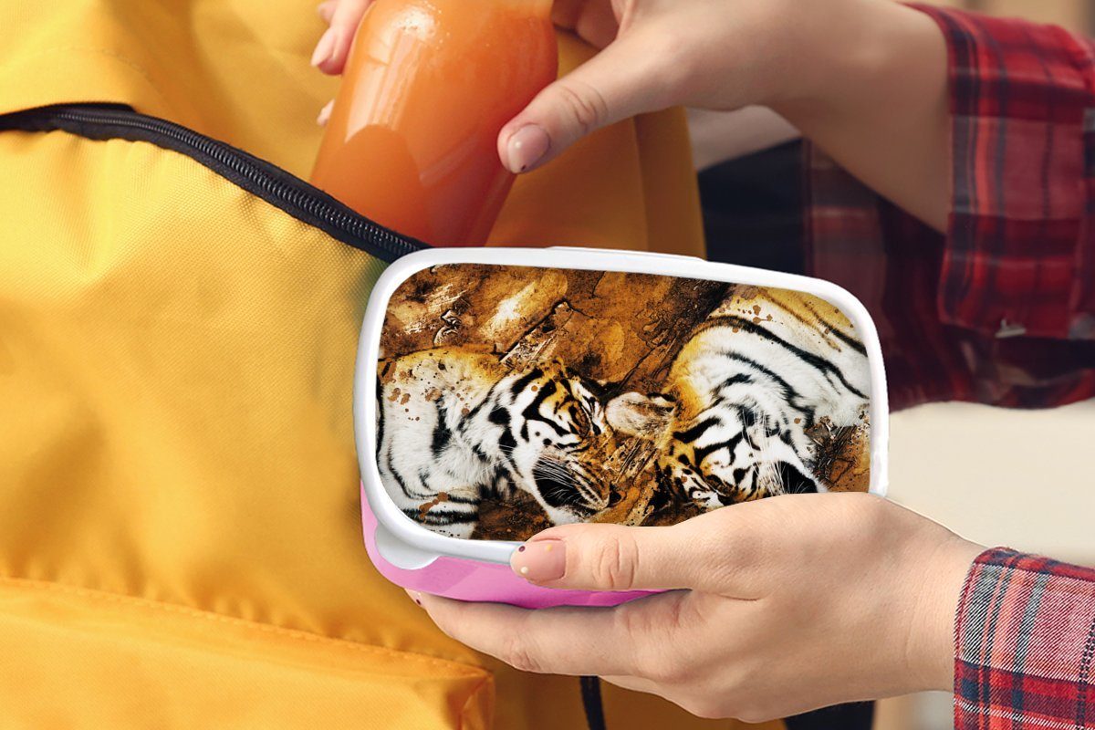MuchoWow Lunchbox Tiger - Baum Mädchen, Brotdose Brotbox für Kunststoff Natur, Kinder, (2-tlg), rosa Snackbox, - Erwachsene, Kunststoff