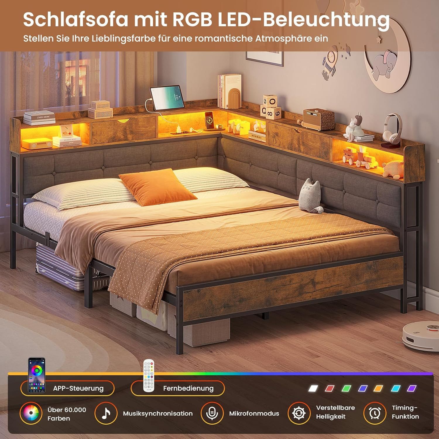 MSMASK Polsterbett Daybett Jugendbett mit LED-Beleuchtung und USB-Ladestation (Ohne Matratze), Bettgestell mit Lattenrost aus Metall,140x200 – Bild 4 von 5