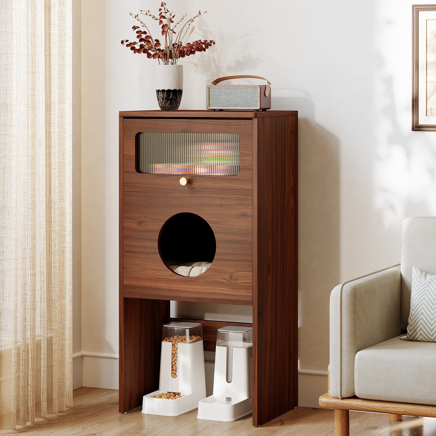 Tribesigns Katzenhaus Katzenschrank mit rundem Eingang und Schiebetür, hohes Katzentoilette