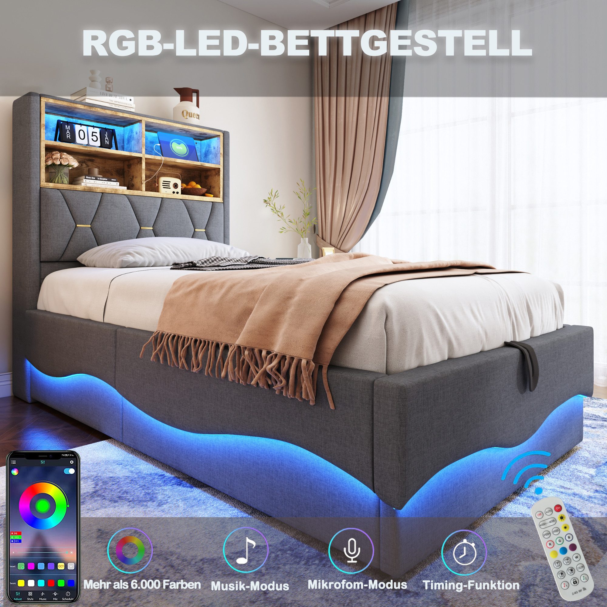 MODFU Polsterbett mit hydraulischem Stauraum (Stauraumbett mit USB-Ladeanschluss und robustem Metall-Lattenrost, Hydraulisches Kinderbett 90x200 cm), ohne Matratze